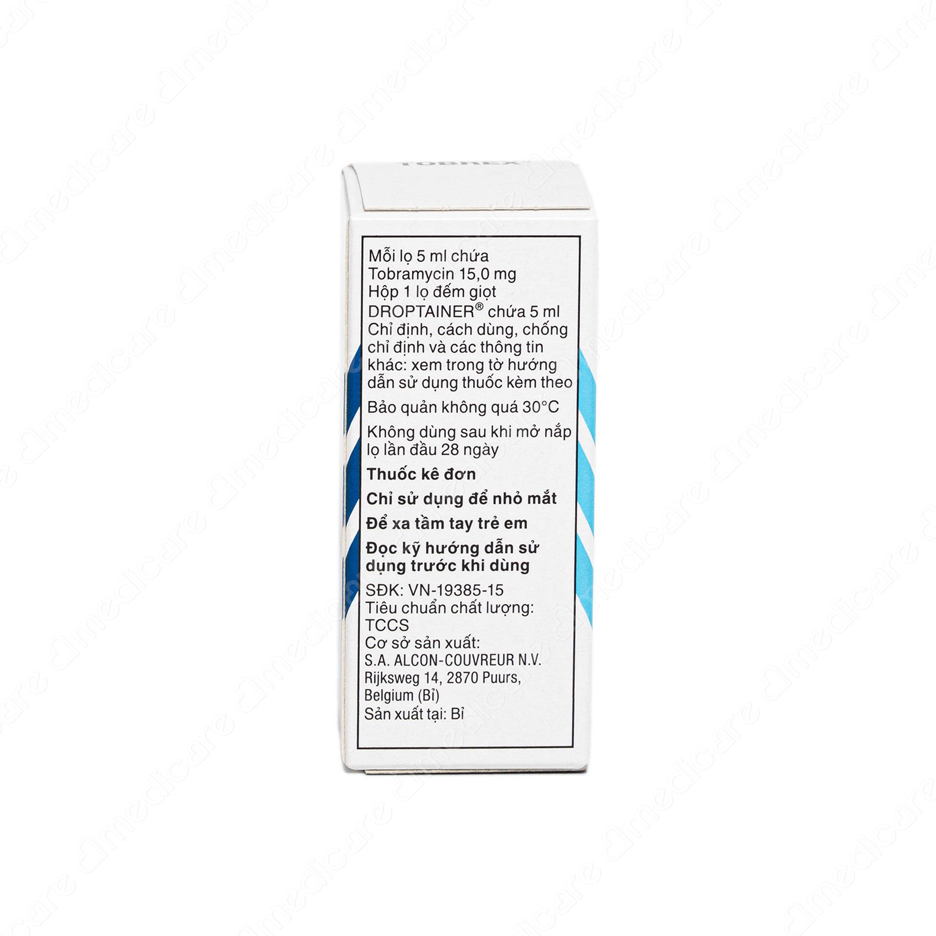 Thuốc nhỏ mắt Tobrex của nhà sản xuất Alcon có thành phần chính là tobramycin, thuộc nhóm thuốc kháng sinh dùng điều trị tại chỗ có đáp ứng với steroid. Thuốc được chỉ định trong các bệnh nhiễm trùng nhãn cầu và các thành phần phụ của mắt gây ra bởi các vi khuẩn nhạy cảm.