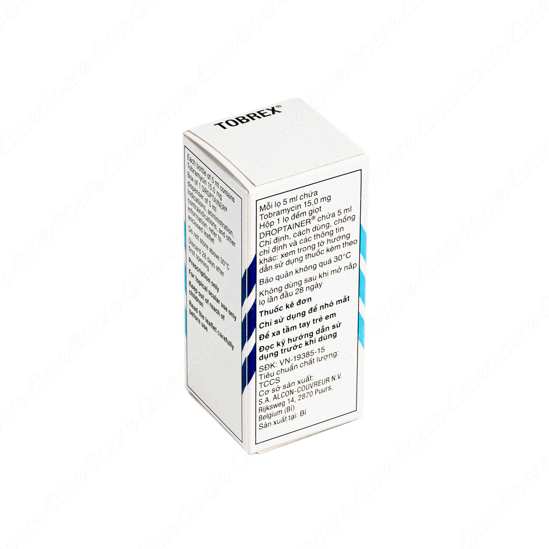 Thuốc nhỏ mắt Tobrex của nhà sản xuất Alcon có thành phần chính là tobramycin, thuộc nhóm thuốc kháng sinh dùng điều trị tại chỗ có đáp ứng với steroid. Thuốc được chỉ định trong các bệnh nhiễm trùng nhãn cầu và các thành phần phụ của mắt gây ra bởi các vi khuẩn nhạy cảm.