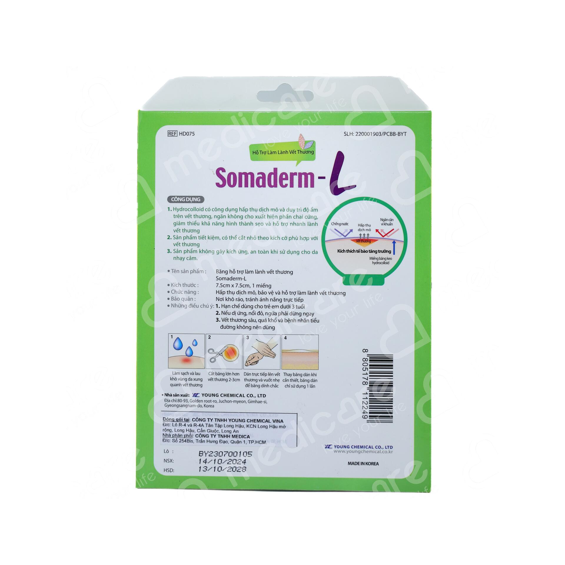 <a id="_heading=h. 30j0zll"></a>Miếng dán hỗ trợ làm lành vết thương SOMADERM là sản phẩm cao cấp với công nghệ và nguyên liệu nhập khẩu từ Hàn Quốc. Sản phẩm có tác dụng hỗ trợ nhanh lành vết thương, ngăn ngừa khả năng hình thành vết thâm, vết sẹo trên da. 