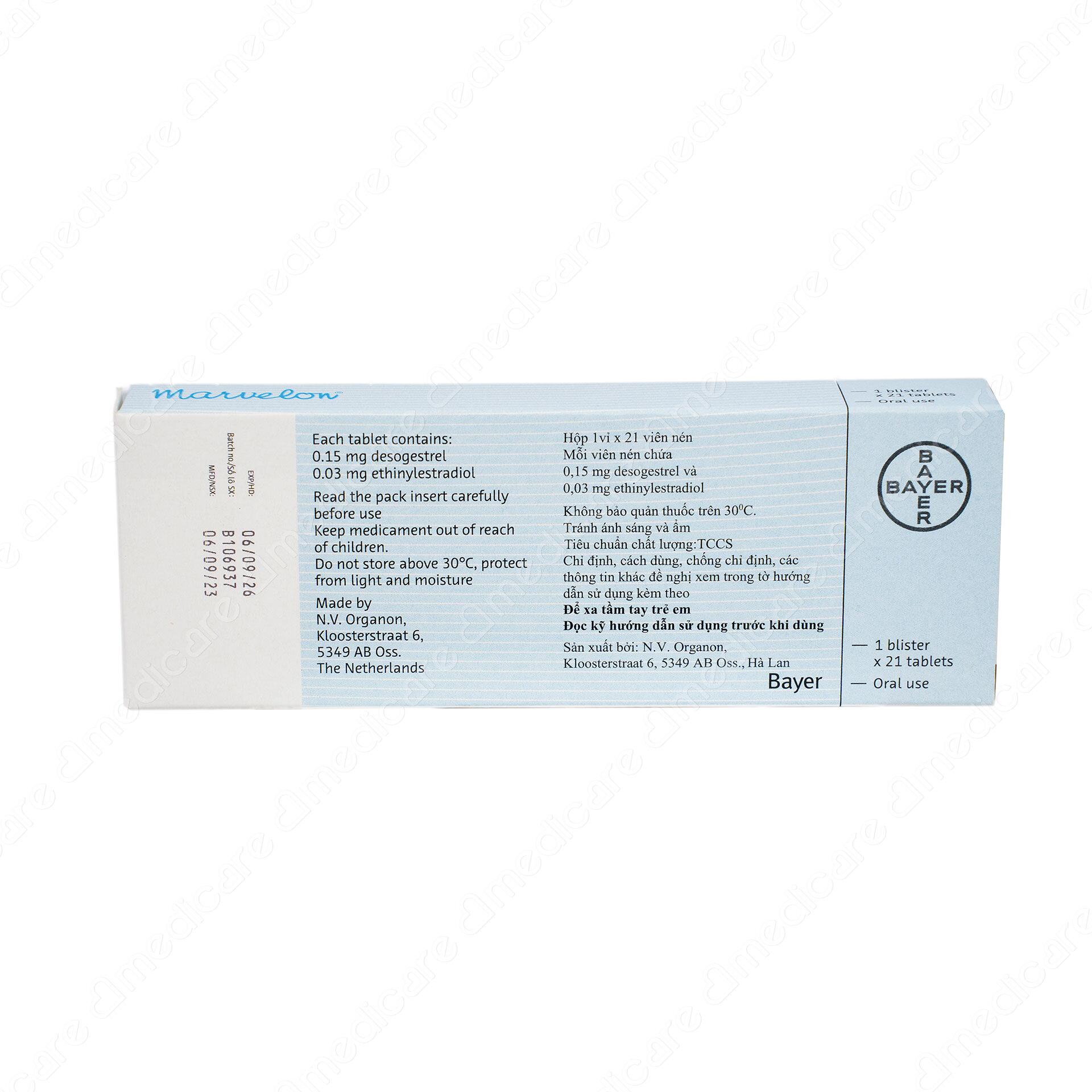 Marvelon được sản xuất bởi N.V.Organon, với thành phần chính desogestrel và ethinylestradiol, là thuốc dùng để tránh thai.