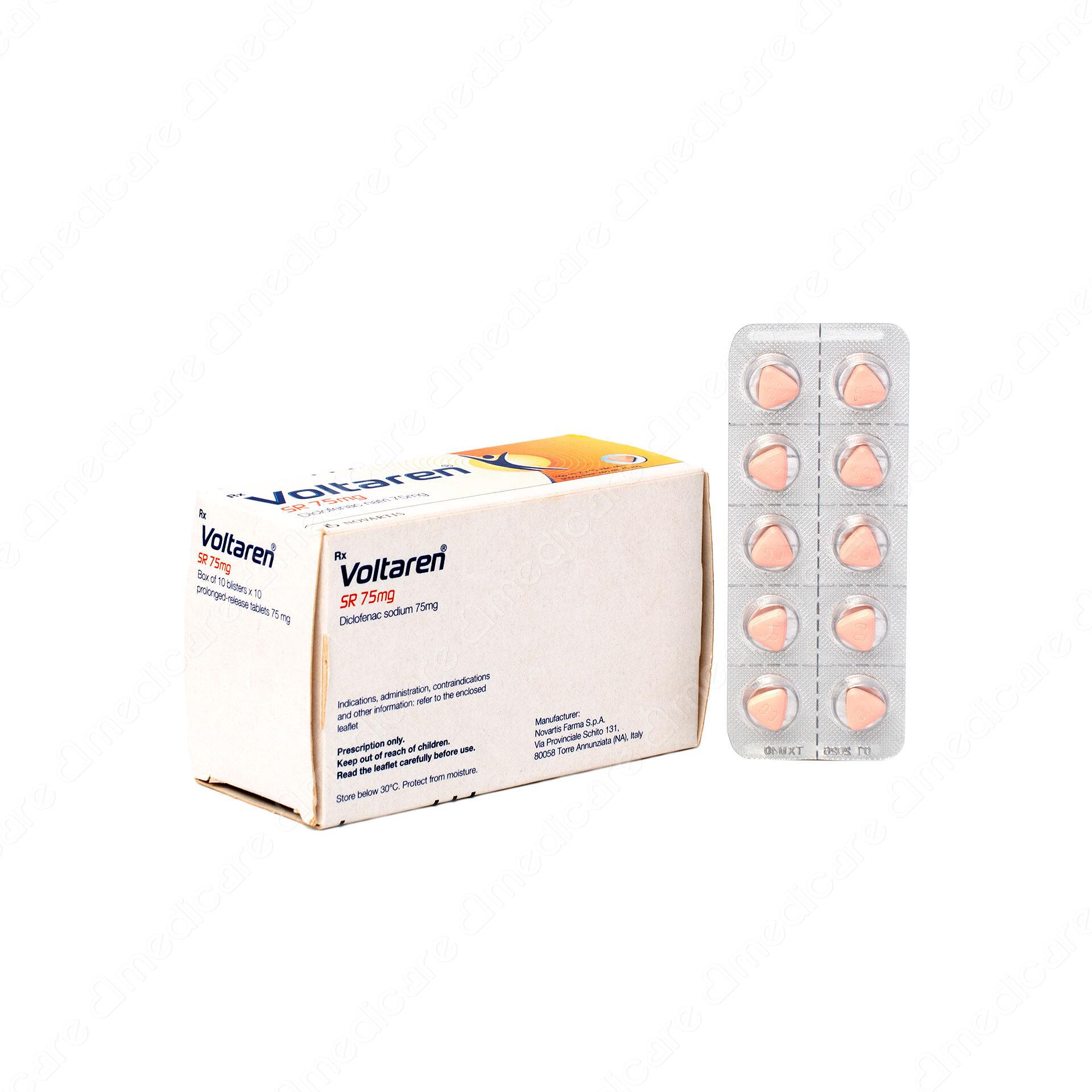 Thuốc VOLTAREN SR 75 mg của nhà sản xuất Novaris có thành phần là diclofenac Na có tác dụng điều trị viêm đau xương khớp; viêm và sưng sau chấn thương hoặc sau phẫu thuật; đau bụng kinh, viêm phần phụ; hỗ trợ trong nhiễm trùng cấp tai mũi họng.