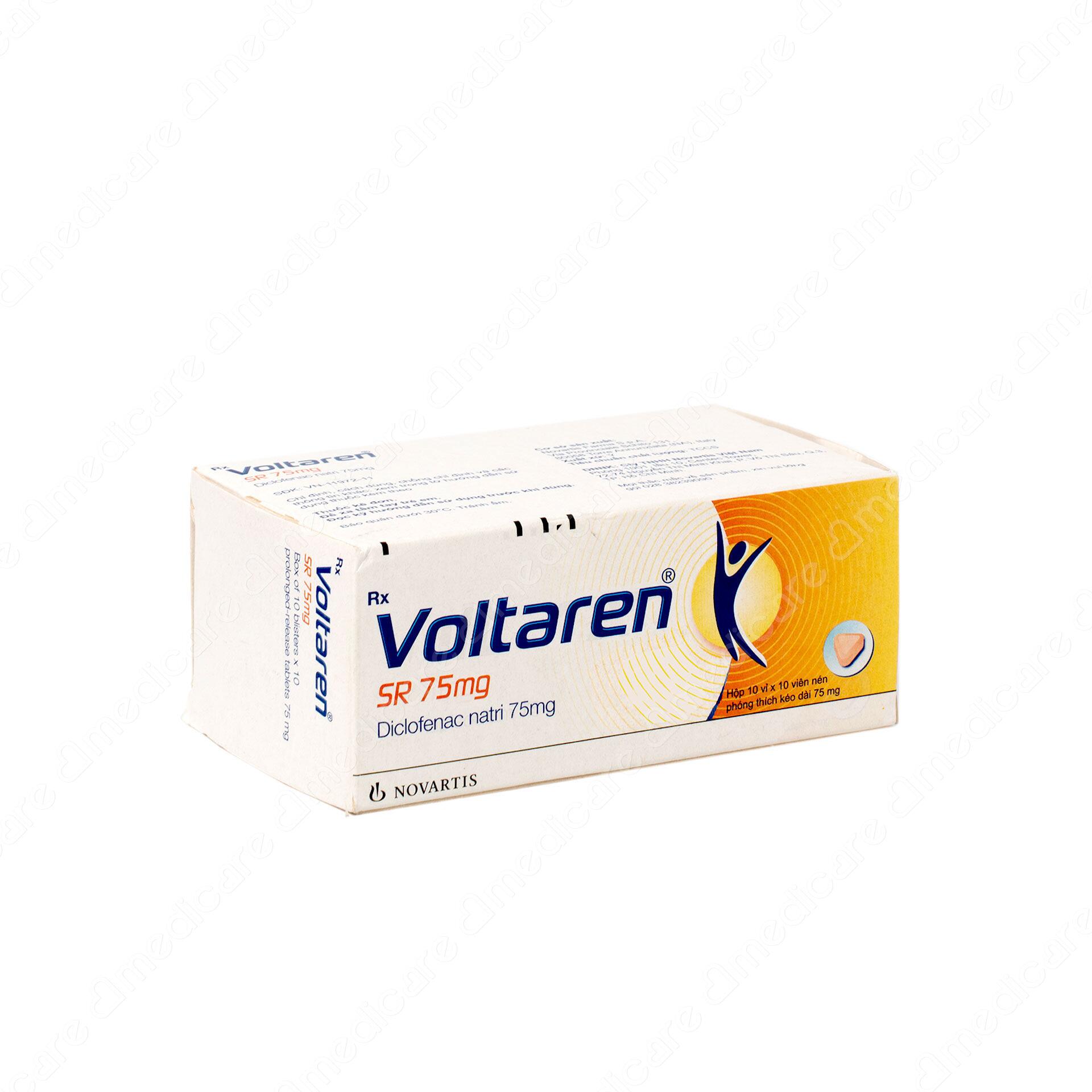 Thuốc VOLTAREN SR 75 mg của nhà sản xuất Novaris có thành phần là diclofenac Na có tác dụng điều trị viêm đau xương khớp; viêm và sưng sau chấn thương hoặc sau phẫu thuật; đau bụng kinh, viêm phần phụ; hỗ trợ trong nhiễm trùng cấp tai mũi họng.