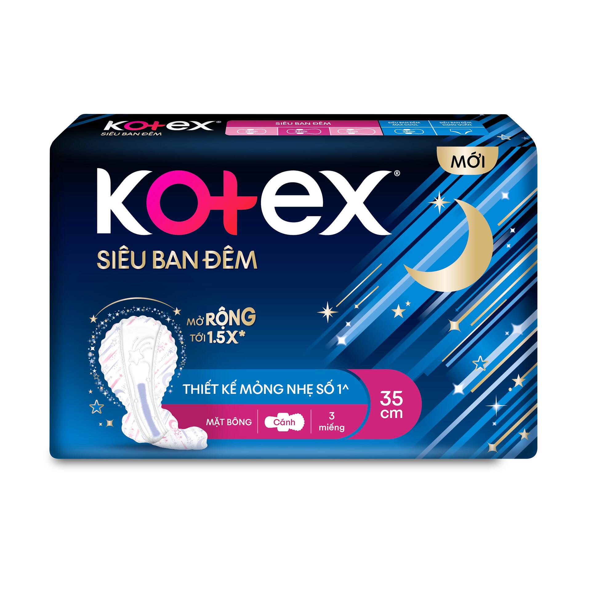 Băng Vệ Sinh KOTEX Siêu Ban Đêm Mặt Bông Có Cánh 35cm | Gói 3 miếng