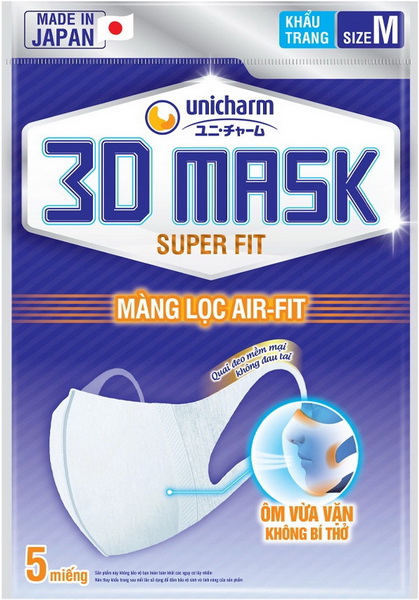 Khẩu Trang 3D UNICHARM Ngăn Khói Bụi Size M gói 5 miếng