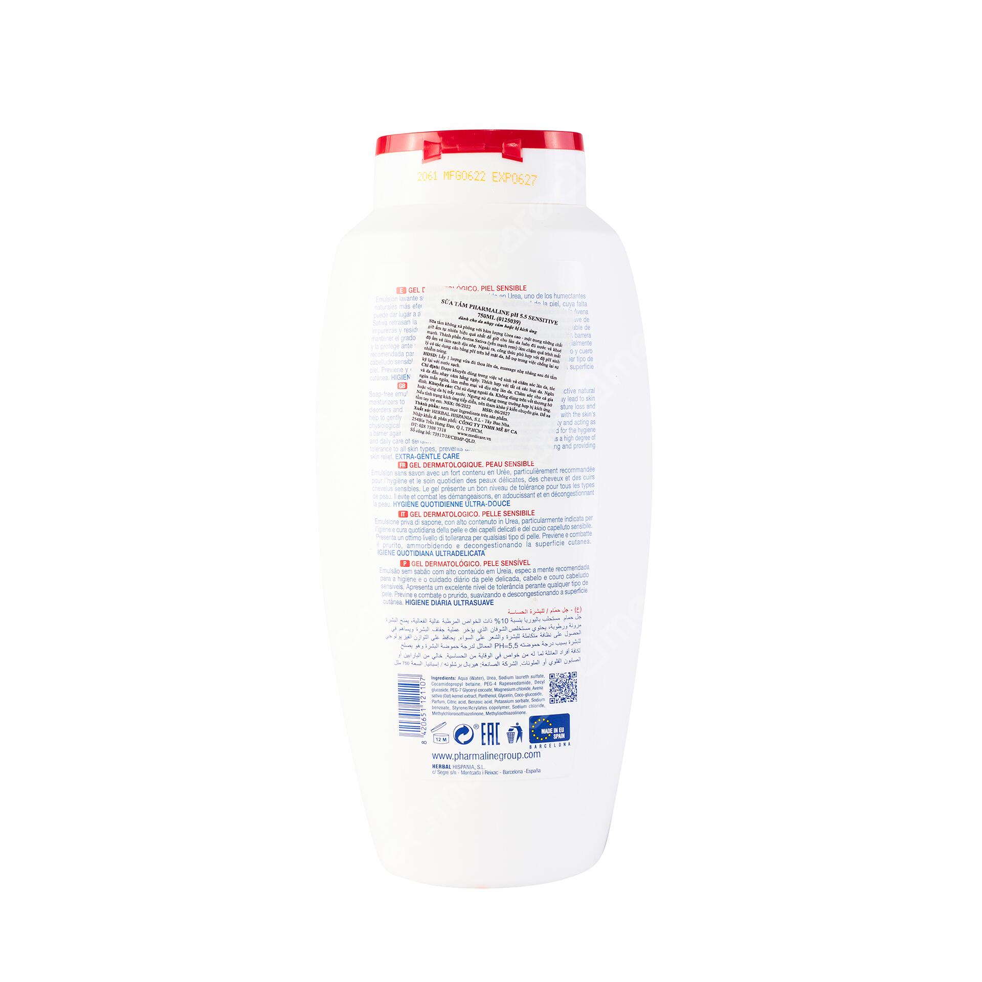 <a id="_heading=h. gvvvywy2lmoa"></a><a id="_heading=h. 30j0zll"></a>Sữa Tắm PHARMALINE pH5. 5 Sensitive dành cho da nhạy cảm hoặc dễ bị kích ứng. Sữa tắm không sử dụng chất tạo bọt chứa Avena Sativa (Yến mạch rơm) và hàm lượng Urea cao. Vệ sinh và chăm sóc hàng ngày cho da nhạy cảm, ngăn ngừa mẩn ngứa, giúp làm mềm và dịu da. Phù hợp cho cả gia đình. 