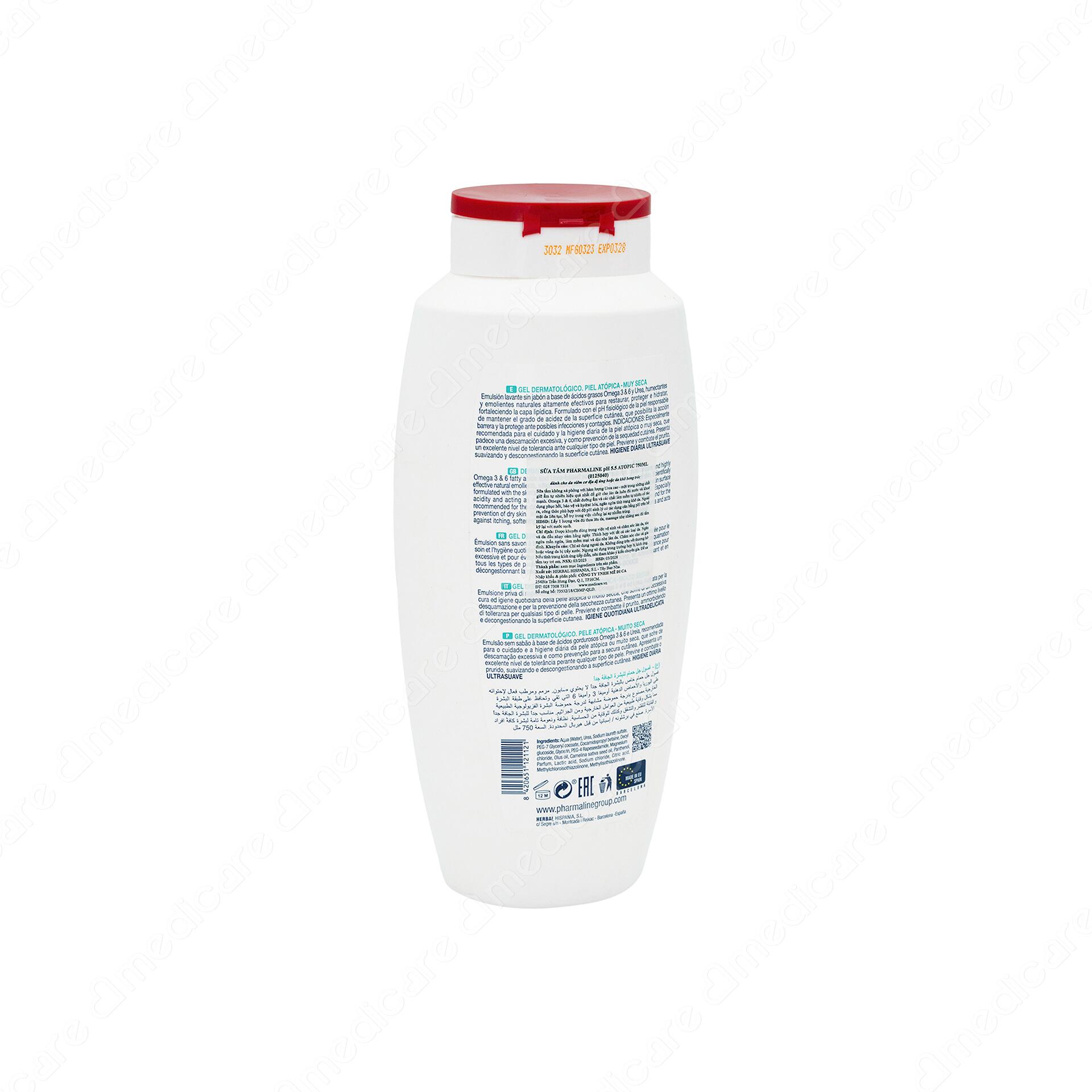 <a id="_heading=h. 30j0zll"></a>Sữa Tắm PHARMALINE PH 5. 5 Atopic dành cho da viêm, cơ địa dị ứng hoặc da khô, bong tróc. Chứa axit béo Omega 3 & 6, Ure và không sử dụng chất tạo bọt. Vệ sinh và chăm sóc hàng ngày. Hiệu quả phục hồi, bảo vệ và cấp ẩm và ngăn ngừa tình trạng khô da. Phù hợp cho cả gia đình. 