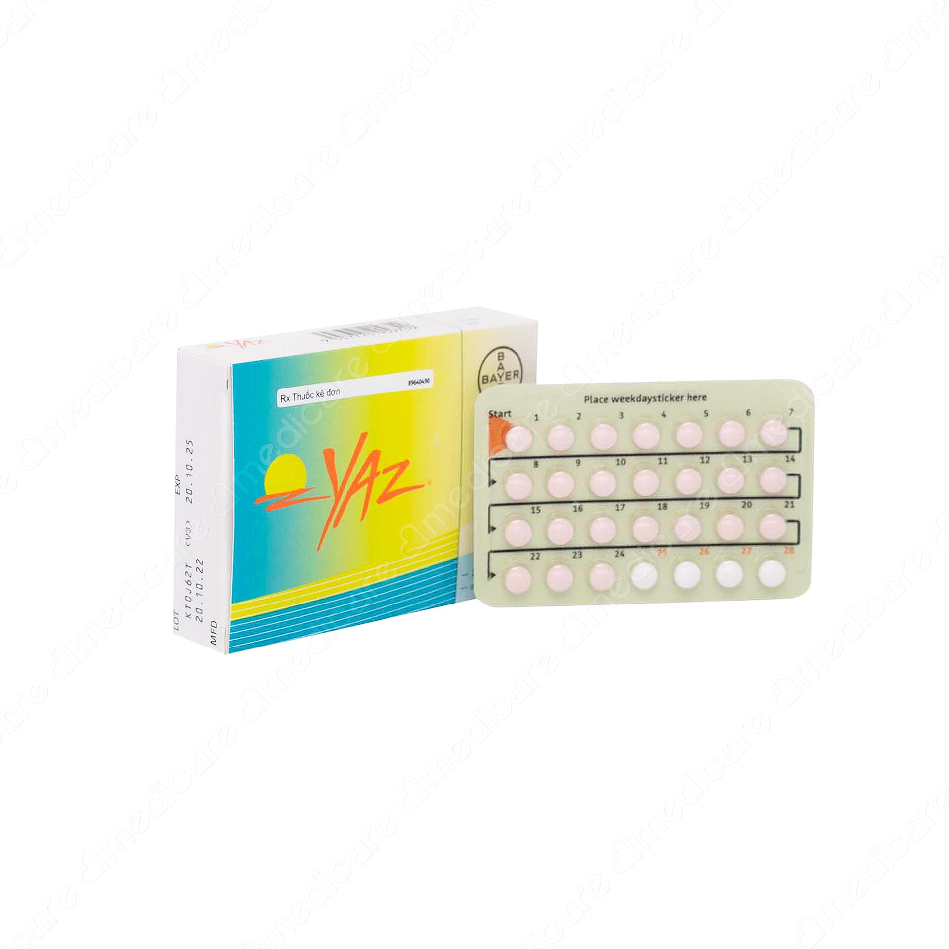 YAZ của Bayer Weimar GmbH und Co. KG., thành phần chính là ethinylestradiol và drospirenone. YAZ là thuốc tránh thai đường uống, điều trị mụn trứng cá mức độ trung bình liên quan đến hormone và điều trị các triệu chứng của hội chứng PMDD (rối loạn tâm lý tiền hành kinh).