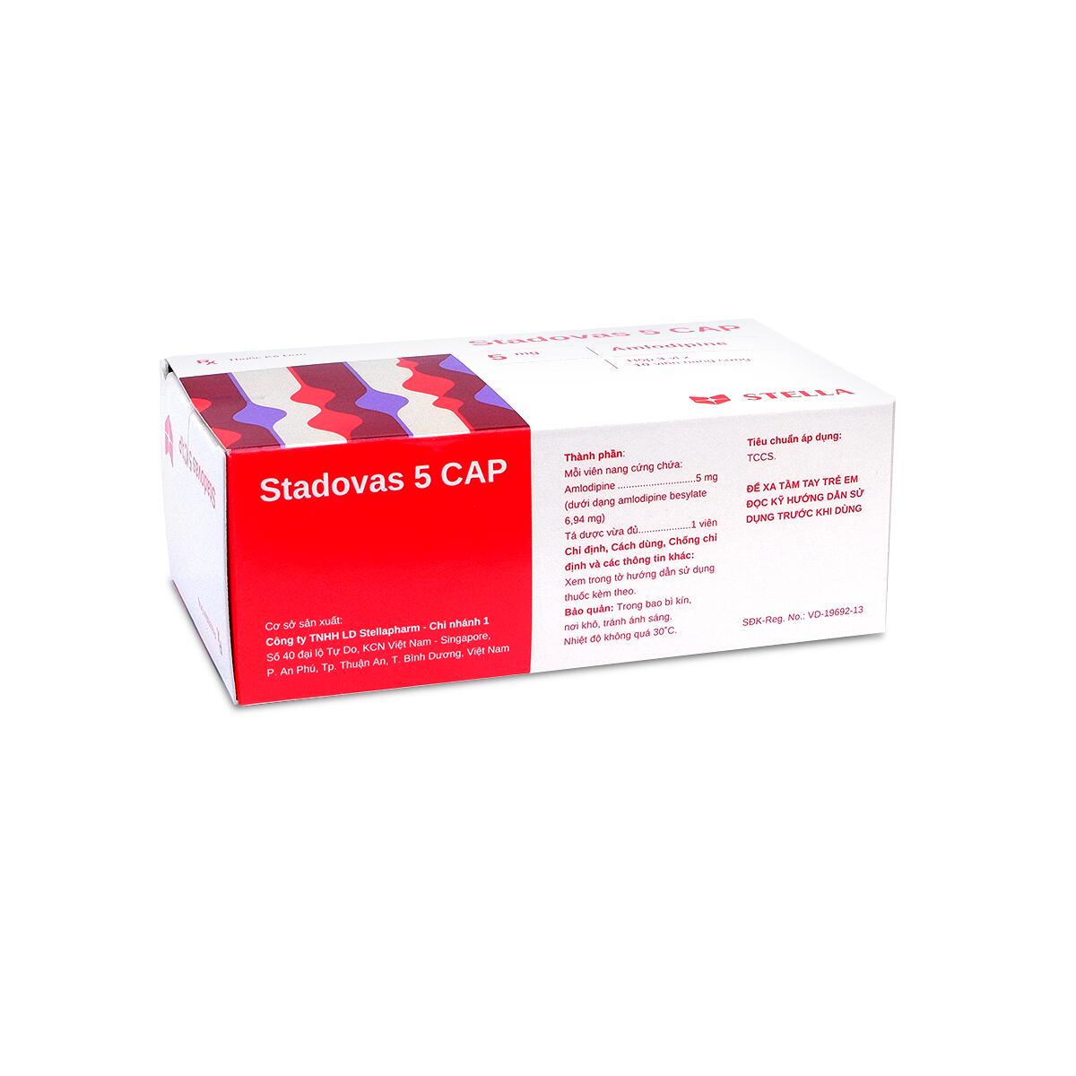 Thuốc Stadovas 5 CAP được sản xuất bởi Công ty TNHH LD Stellapharm, có thành phần chính là amlodipine, được chỉ định trong trường hợp tăng huyết áp, bệnh nhân đau thắt ngực ổn định mạn tính và bệnh nhân đau thắt ngực do co thắt mạch (Đau thắt ngực Prinzmetal).