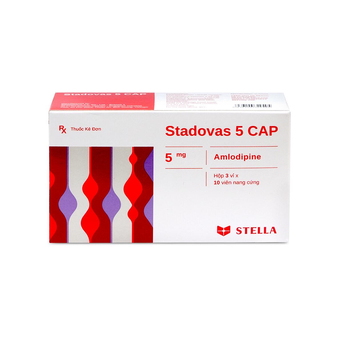 Thuốc Stadovas 5 CAP được sản xuất bởi Công ty TNHH LD Stellapharm, có thành phần chính là amlodipine, được chỉ định trong trường hợp tăng huyết áp, bệnh nhân đau thắt ngực ổn định mạn tính và bệnh nhân đau thắt ngực do co thắt mạch (Đau thắt ngực Prinzmetal).