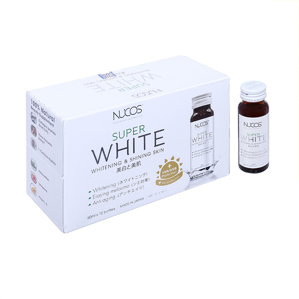 Nước Uống NUCOS Super White Hỗ Trợ Giảm Nám Da, Giúp Da Sáng Đẹp | Hộp 10 chai