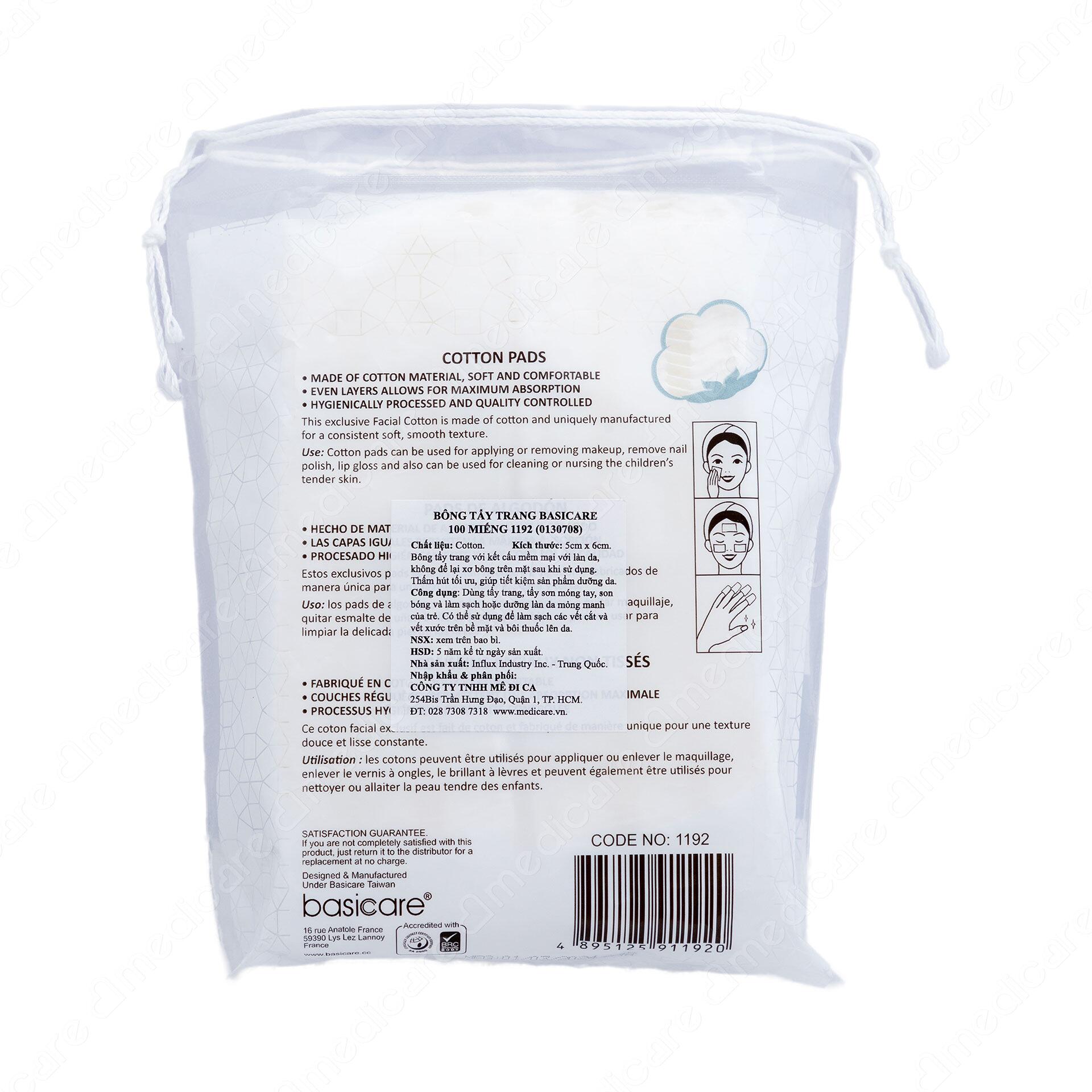 Bông Tẩy Trang BASICARE với thiết kế tối ưu với 2 mặt cho 2 chức năng: tẩy trang và dưỡng ẩm với nước cân bằng. Với 100% cotton không để lại xơ bông, mềm mại, an toàn cho da, tiết kiệm mỹ phẩm.