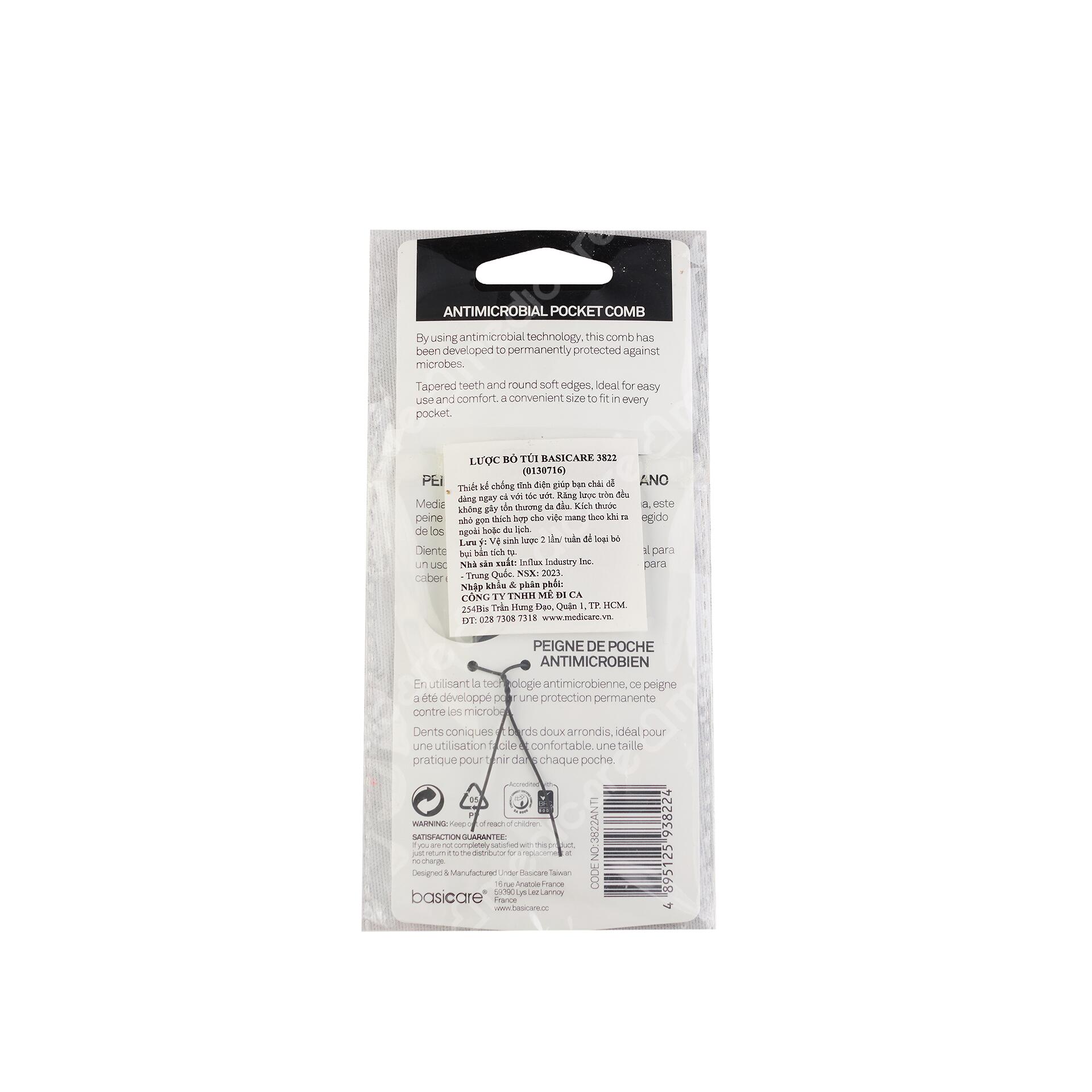 Lược Bỏ Túi Kháng Khuẩn BASICARE hỗ trợ công nghệ kháng khuẩn, giúp mái tóc của bạn tránh được những vi khuẩn gây bệnh da đầu.