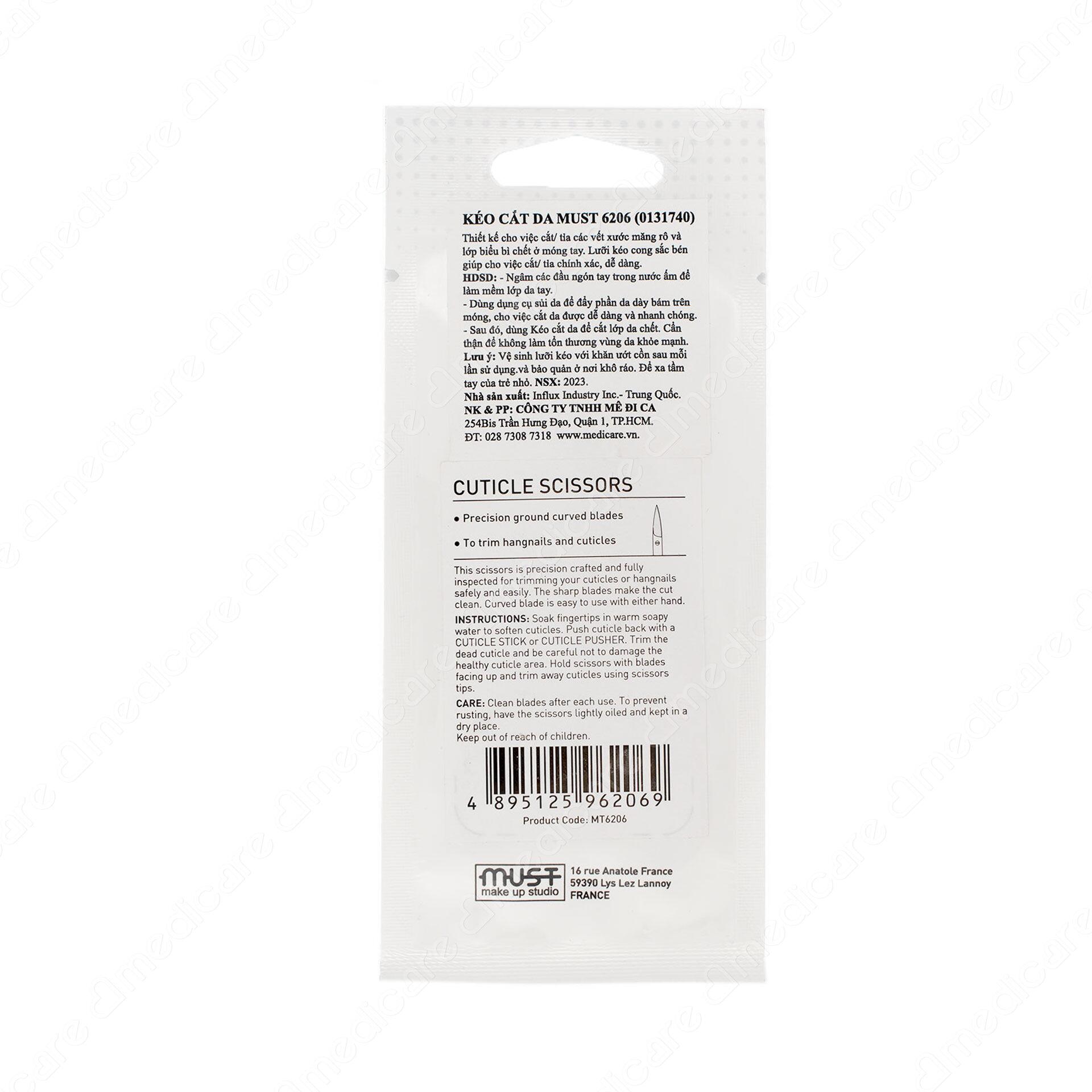 <a id="_heading=h.30j0zll"></a>Kéo cắt da MUST 6206<p><strong></strong></p>với thiết kế phù hợp cho việc cắt/ tỉa các vết xước măng rô và lớp biểu bì chết ở móng tay, cùng lưỡi kéo cong sắc bén giúp cho việc cắt/ tỉa chính xác dễ dàng.