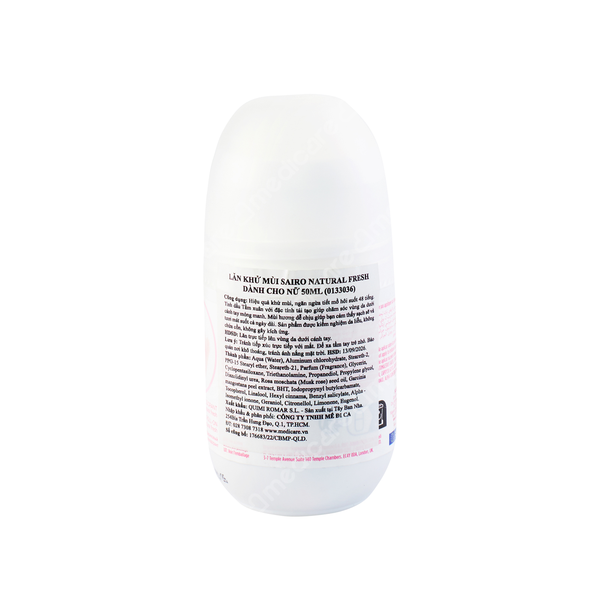 Lăn Khử Mùi SAIRO Natural Fresh Dành Cho Nữ với hương thơm dễ chịu giúp cho phụ nữ cảm thấy sạch sẽ và tươi mát suốt cả ngày dài. Ngăn ngừa tiết mồ hôi trong 48 giờ với công thức không chứa cồn.
