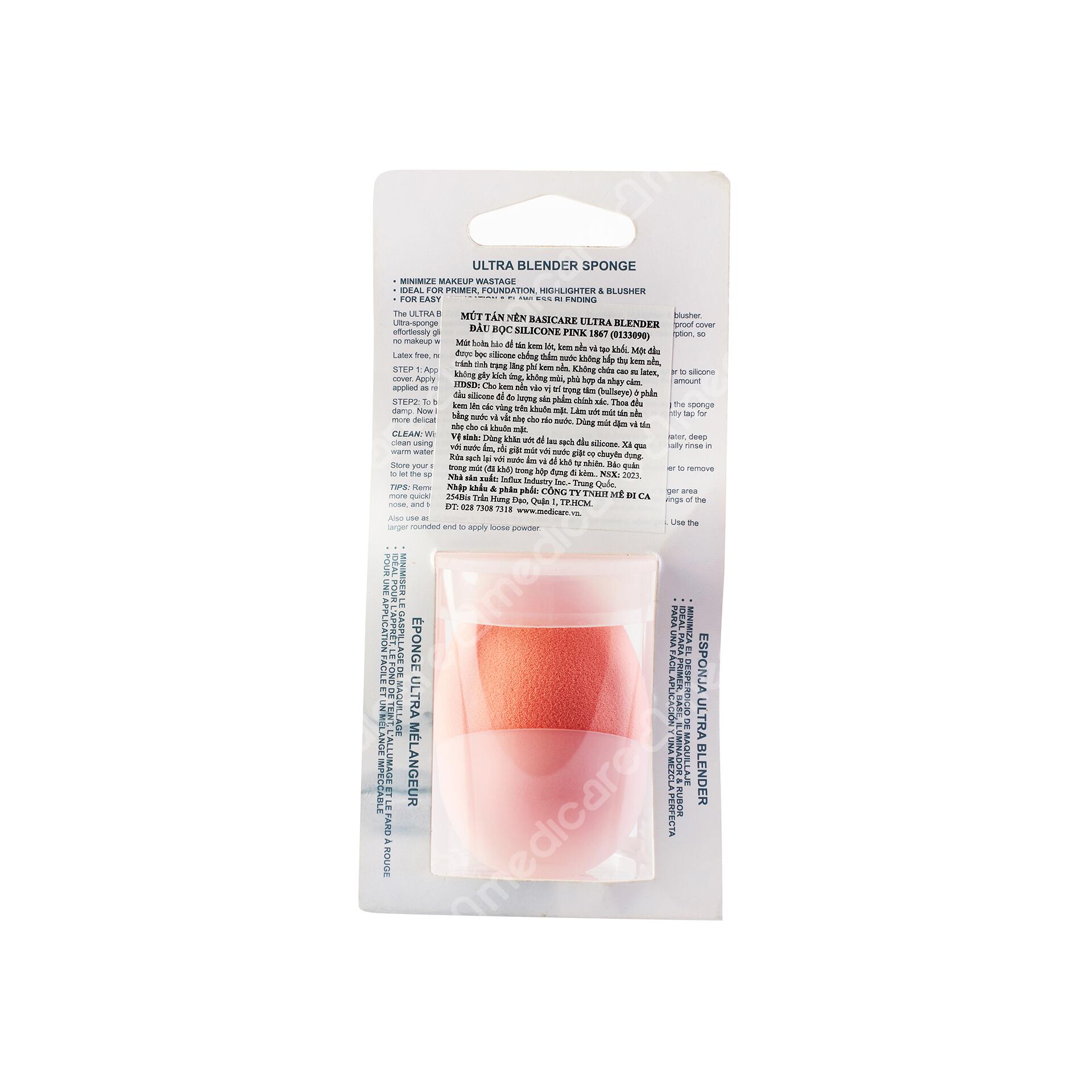 <a id="_heading=h.30j0zll"></a>Mút Tán Nền BASICARE Silicone Pink 1867 được thiết kế thêm đầu bọc silicon cải tiến chống thấm nước giúp bạn dễ dàng tán lớp trang điểm mà không lo hấp thụ kem nền,<a id="_Hlk148802928"></a>hạn chế lãng phí mỹ phẩm, hoàn hảo để tán kem lót, kem nền và tạo khối. Không gây kích ứng, không mùi và phù hợp cho da nhạy cảm.