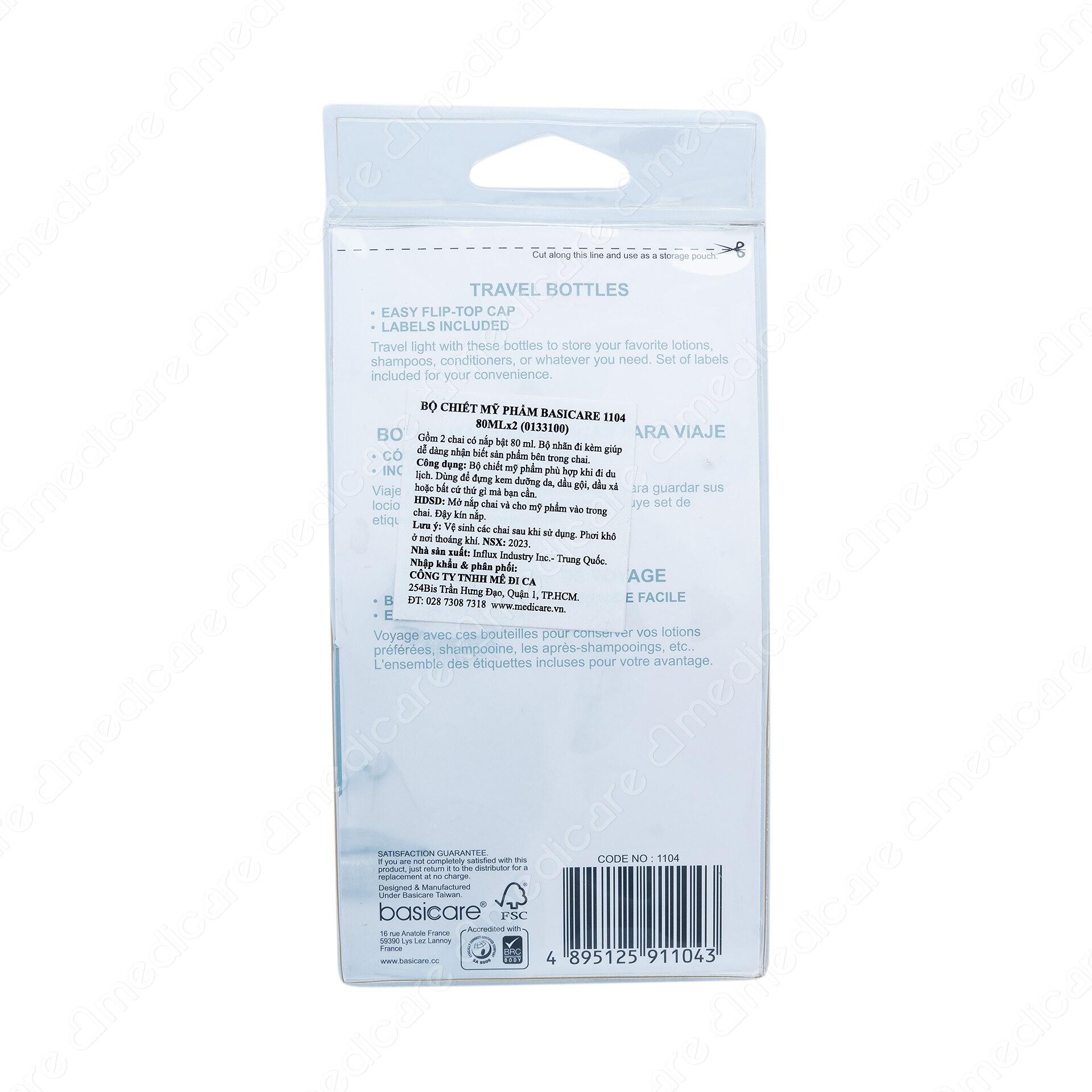 Bộ Chiết Mỹ Phẩm BASICARE 1103 có thiết kế nhỏ gọn, thích hợp để mang theo khi đi du lịch, dùng để đựng kem dưỡng da, dầu gội, dầu xả,…., tiết kiệm diện tích vali mà vẫn đáp ứng đầy đủ nhu cầu của bạn.