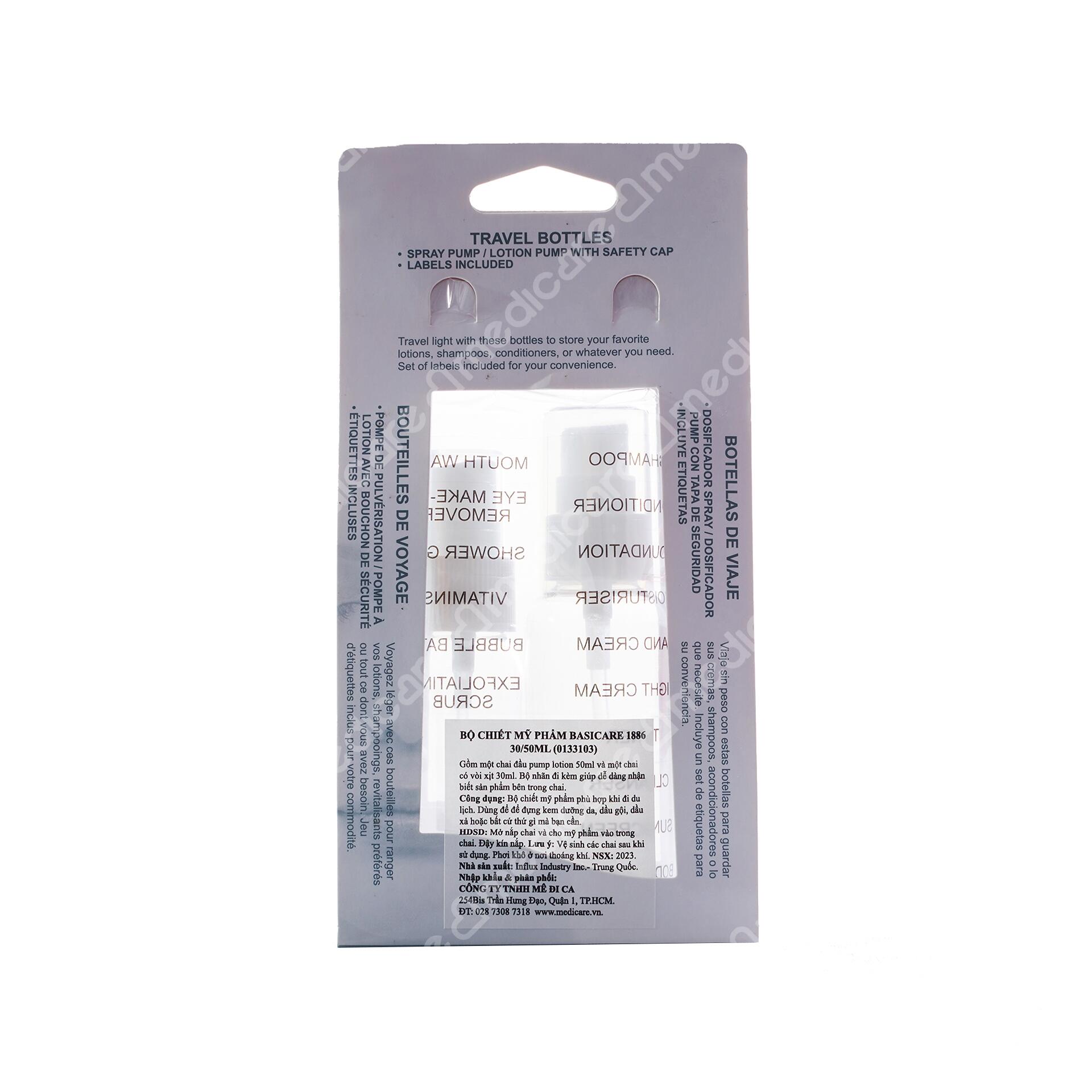 Bộ Chiết Mỹ Phẩm BASICARE 1103 có thiết kế nhỏ gọn, thích hợp để mang theo khi đi du lịch, dùng để đựng kem dưỡng da, dầu gội, dầu xả,.tiết kiệm diện tích vali mà vẫn đáp ứng đầy đủ nhu cầu của bạn.