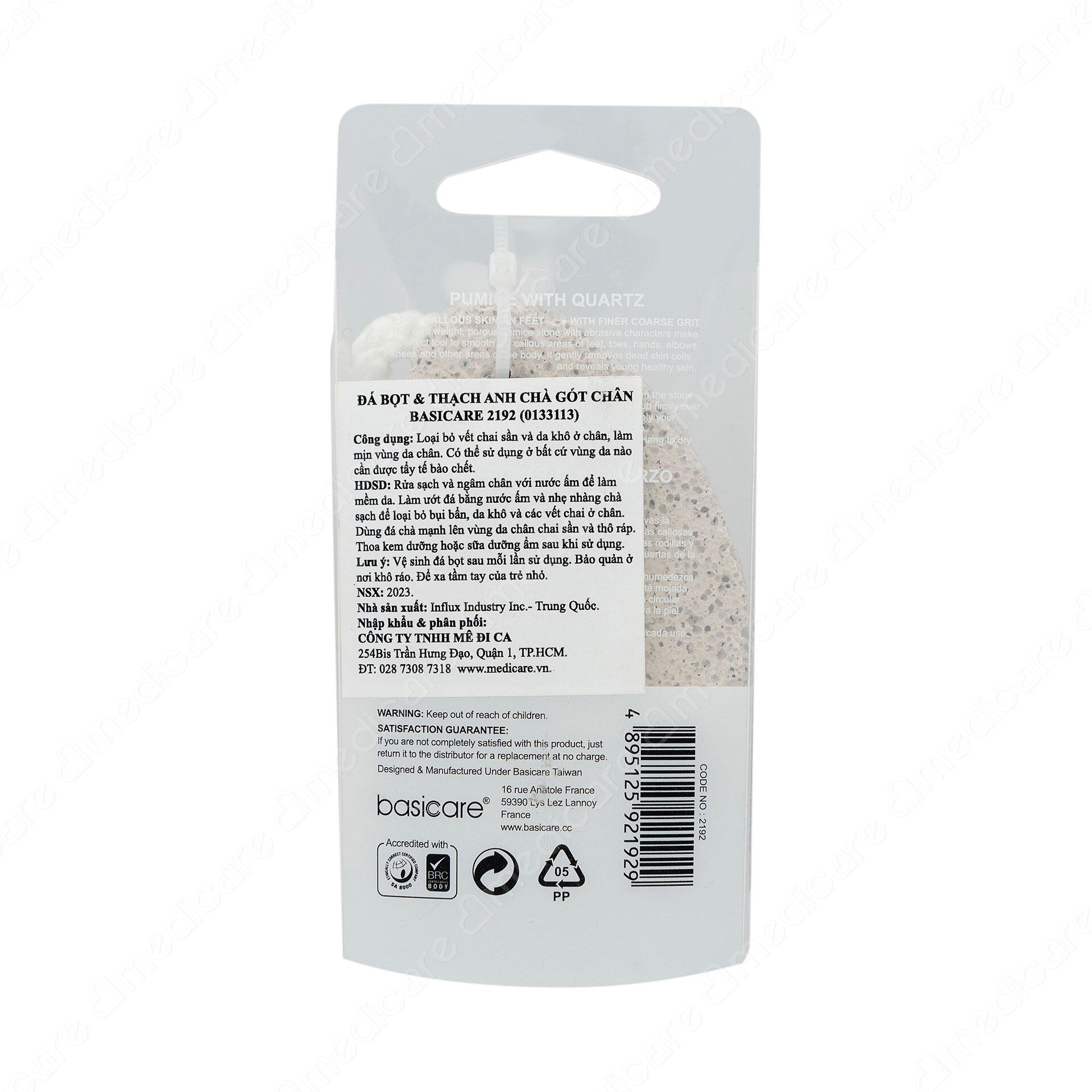 Đá Bọt & Thạch Anh Chà Gót BASICARE 2192 giúp nhẹ nhàng loại bỏ các tế bào da chết để cho làn da trẻ khỏe và làm mịn các vùng chai sần ở bàn chân, ngón chân, bàn tay, khuỷu tay, đầu gối và các vùng khác trên cơ thể.