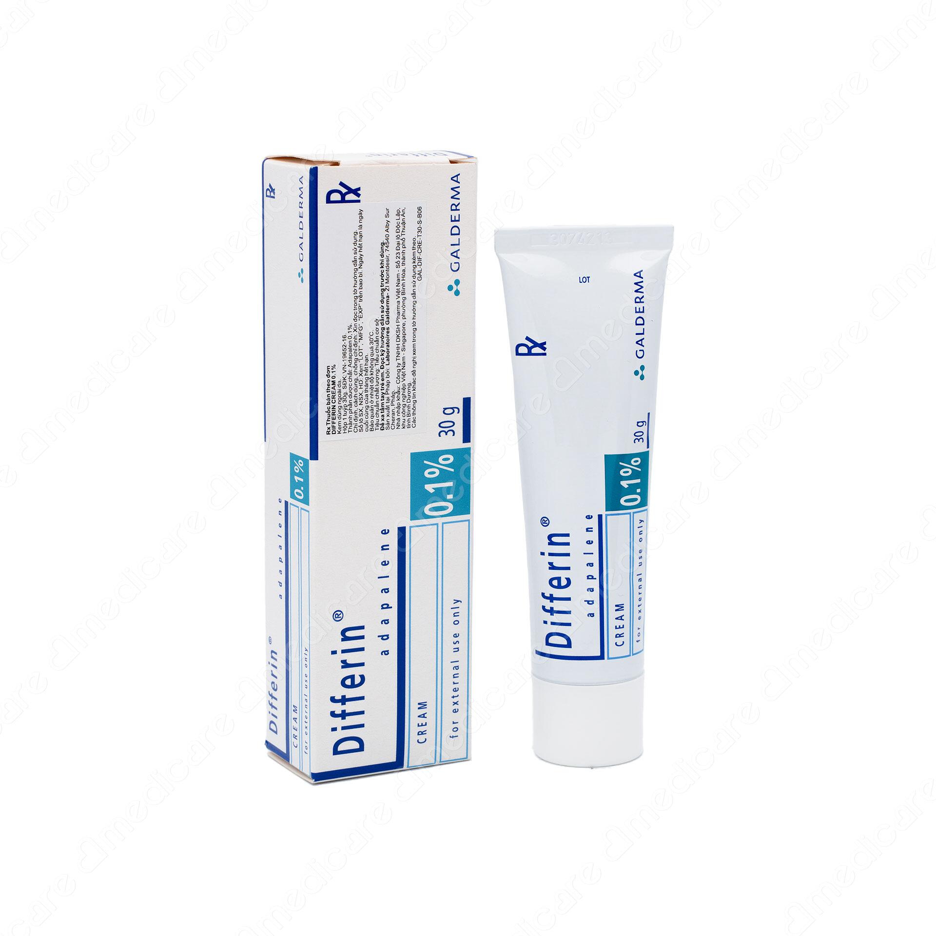Kem trị mụn Differin 0.1% từ thương hiệu Galderma, được sản xuất bởi Laboratoires Galderma- Pháp. Differin 0.1% thuộc nhóm thuốc điều trị bệnh da liễu, được sử dụng điều trị mụn trứng cá bao gồm mụn nhân, mụn li ti, mụn mủ ở các vị trí mặt, ngực, lưng.