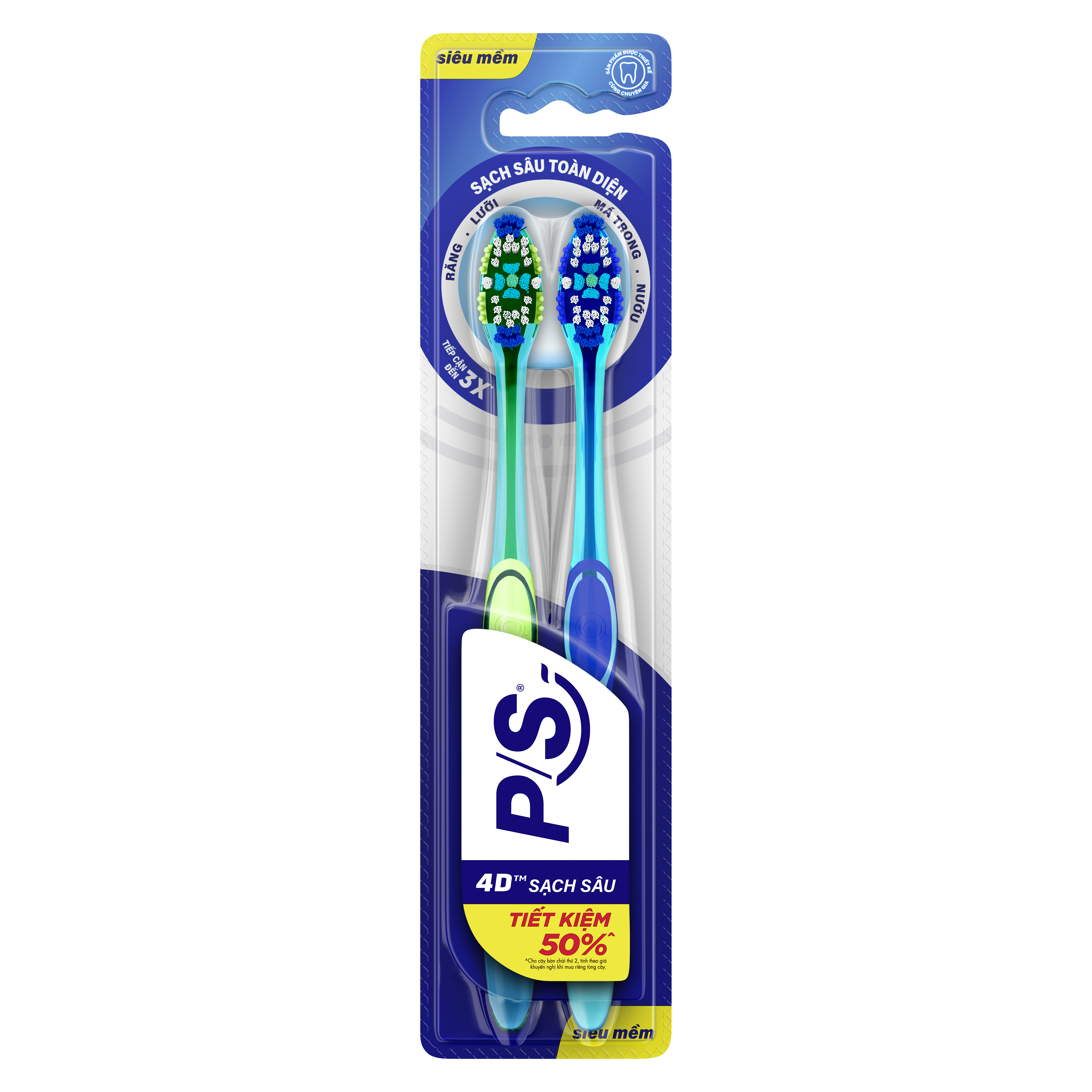 Bàn Chải Đánh Răng P/S 4D Sạch Sâu Toàn Diện | 2 cây