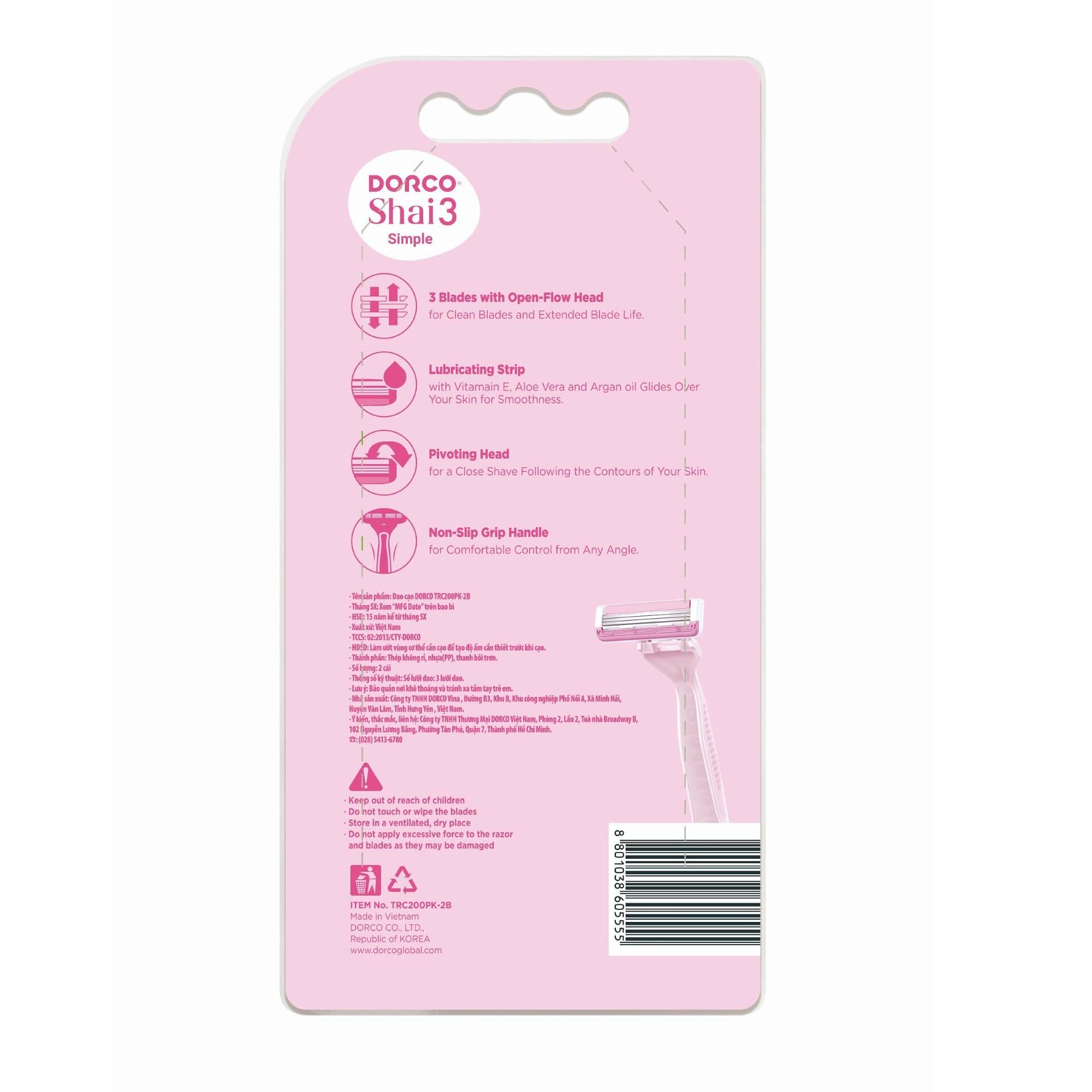Dao Cạo Dorco Dành Cho Nữ Shai 3 Simple sử dụng chất liệu nhựa cao cấp, thiết kế đầu dao cạo cong với ba lưỡi kép giúp cho bạn cạo sạch và sát hơn theo đường cong của bạn. Thanh dưỡng ẩm chứa tinh chất lô hội, Vitamin E giúp cho làn da cảm giác mềm mại và dễ chịu sau khi cạo. Lớp cao su chống trượt dọc theo cạnh bên của tay cầm mang lại những lợi ích đặc biệt cho bạn gái trong khi sử dụng.