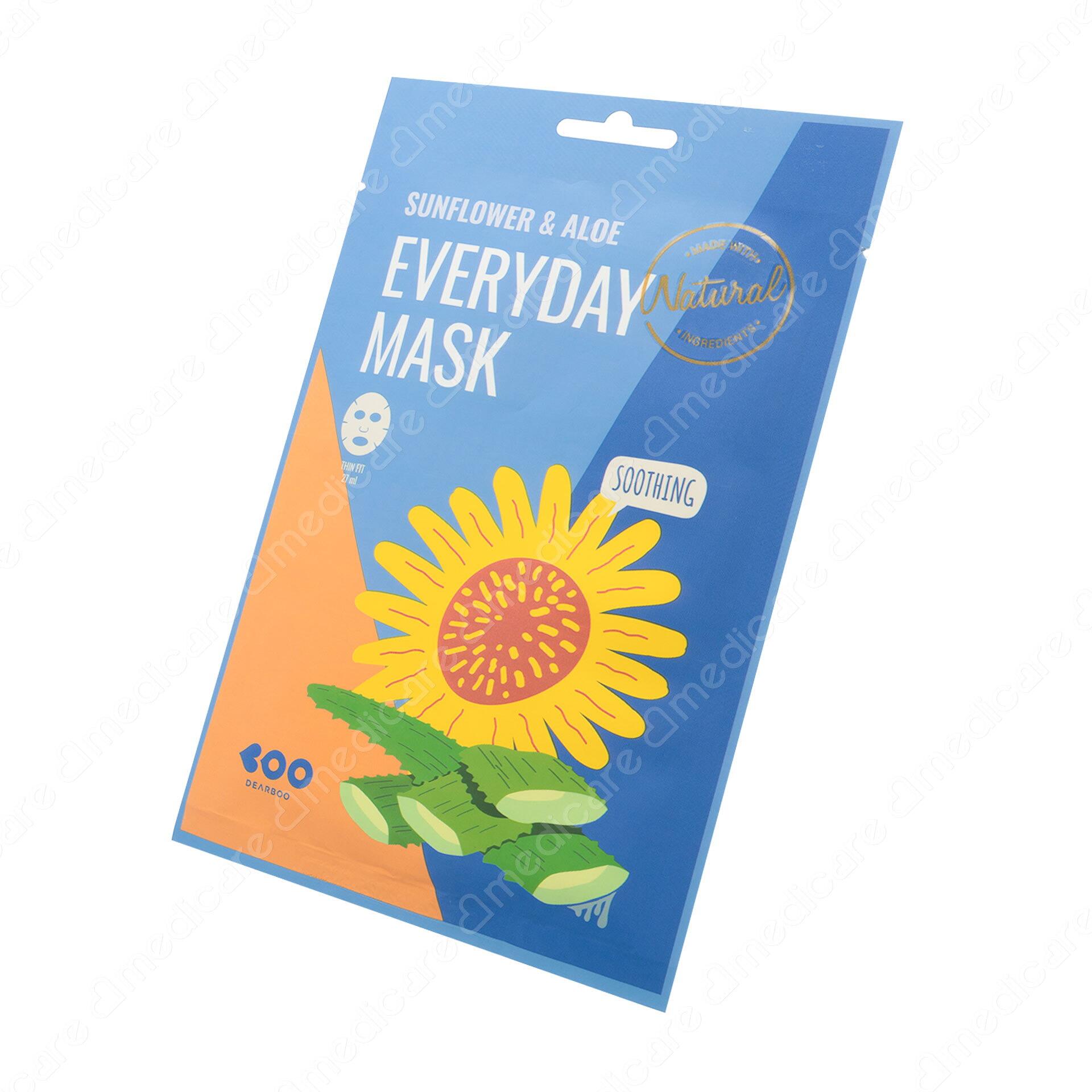 Mặt Nạ DEARBOO Sunflower &amp; Aloe với chiết xuất từ dầu hạt hướng dương và nha đam giúp làm dịu và tái tạo làn da bị tổn thương do tia cực tím, giúp cho làn da mịn màng, ẩm mượt và khỏe mạnh đồng thời làm dịu và dưỡng ẩm da mạnh mẽ giúp da tràn đầy sức sống.