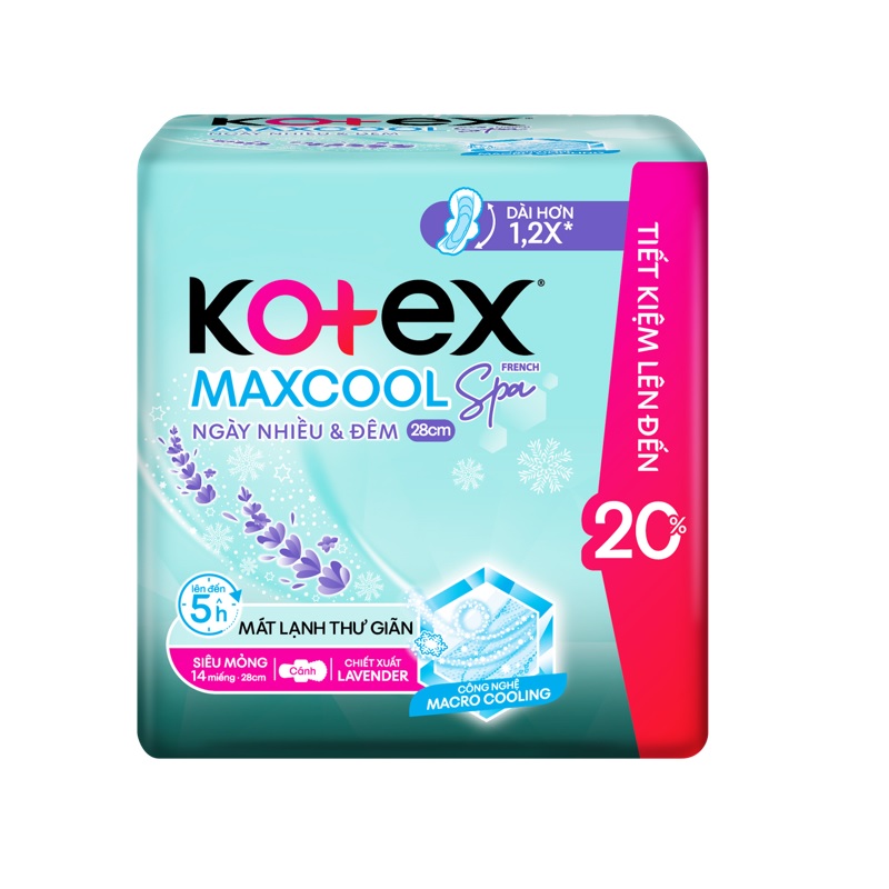 Băng Vệ Sinh KOTEX MaxCool French Spa Siêu Mỏng Cánh 28cm | 14 miếng