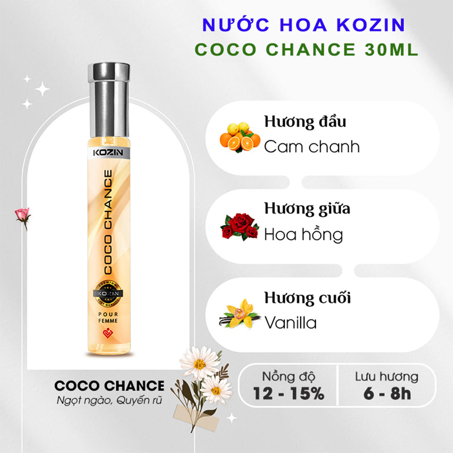 Nước hoa Kozin được thiết kế đặc biệt để mang lại cảm giác sảng khoái, mát mẻ, tràn đầy năng lượng cho người sử dụng, giúp mùi hương có thể lưu lại trên cơ thể. Sản phẩm đem lại cảm giác thoải mái và tự tin cho người dùng, với thiết kế chai nhỏ gọn, tiện lợi để mang theo bên mình mọi lúc mọi nơi.