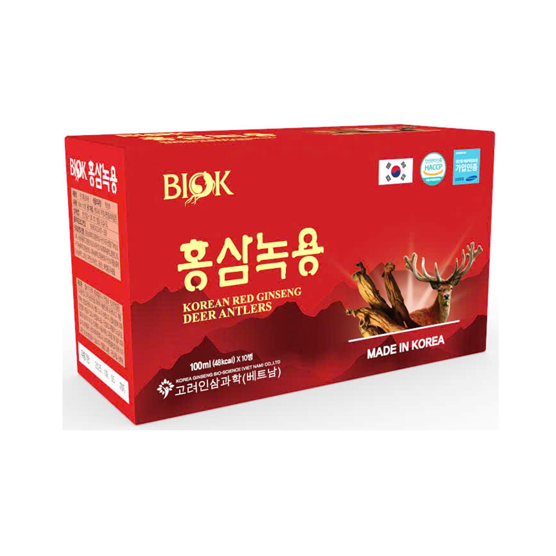 TPBS Nước Uống BIOK Hồng Sâm Nhung Hươu | Hộp 10 Chai