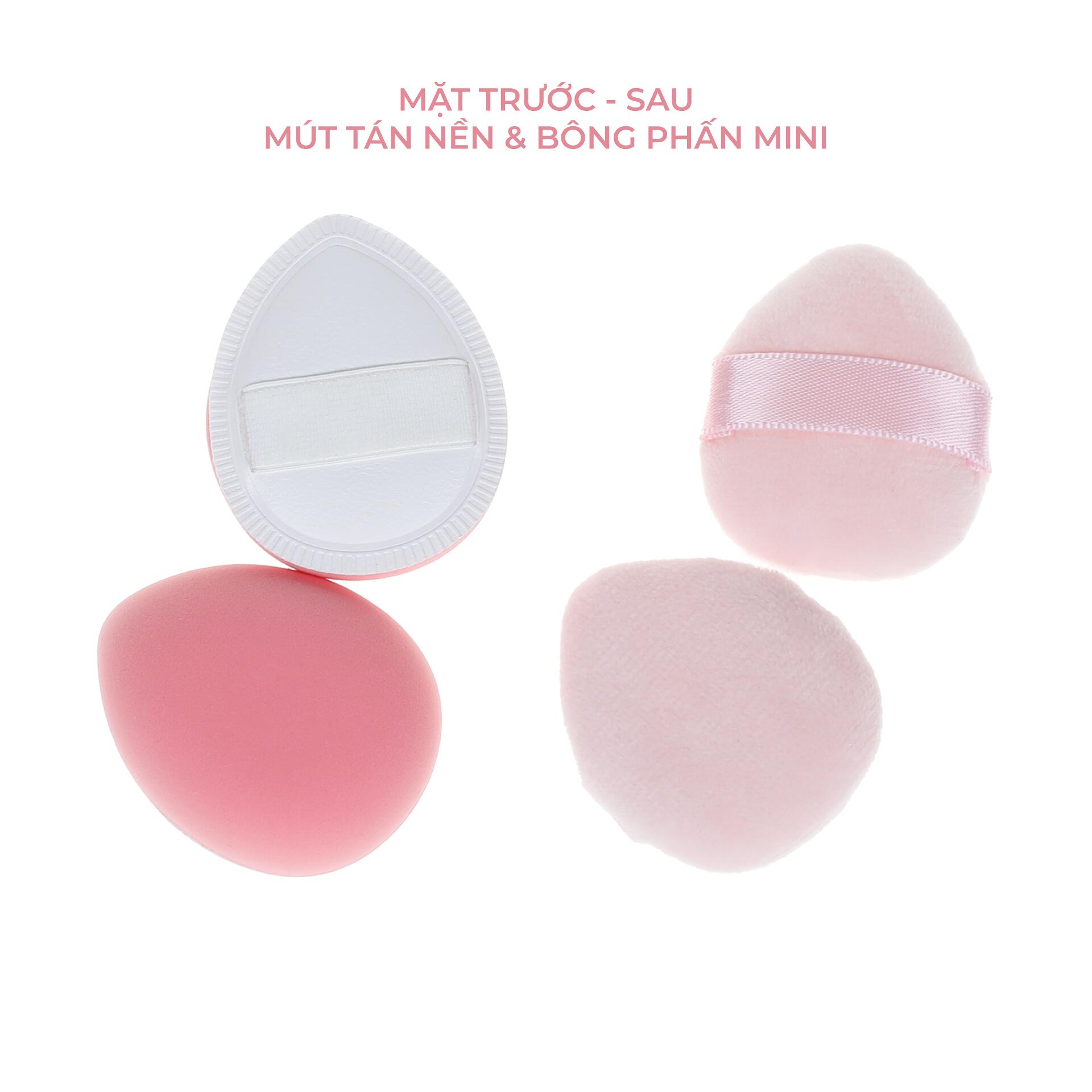 Bộ gồm 1 mút tán nền mini (không chứa latex) và 2 bông phấn mini (nhung), kèm hộp đựng tiện lợi. Giúp lớp nền mịn màng, đều màu và hoàn hảo.