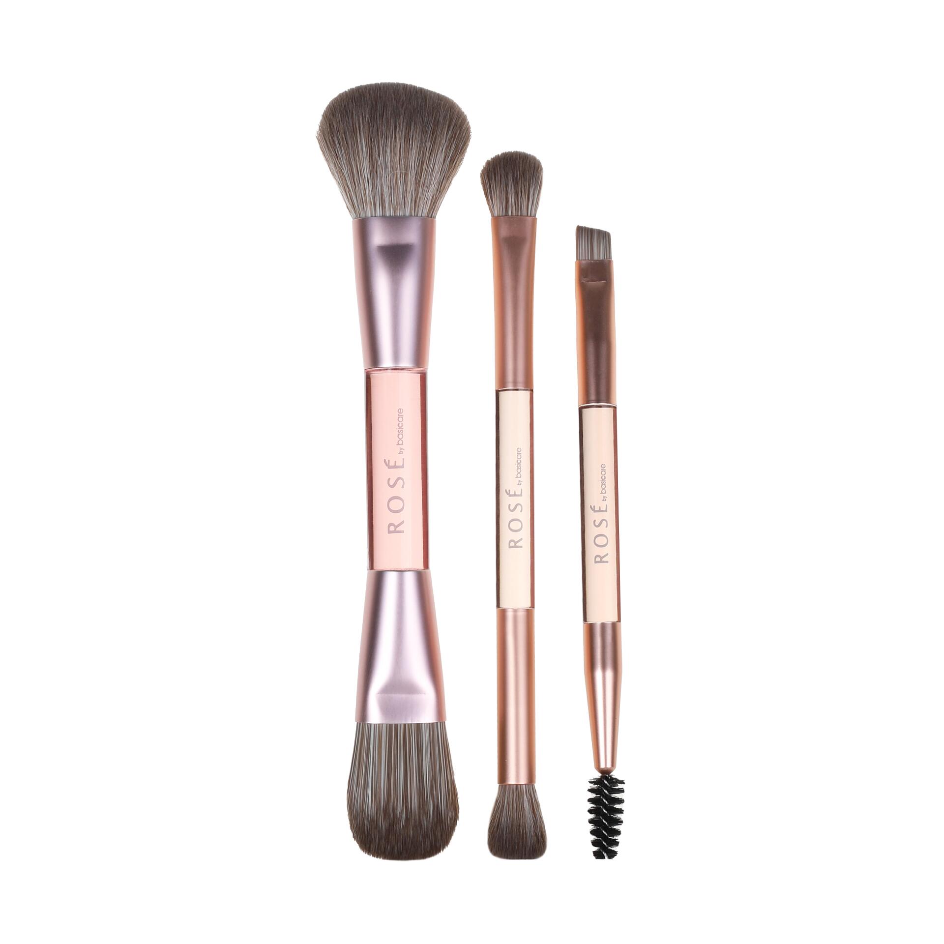 Bộ cọ trang điểm gồm 3 cọ hai đầu, lông cọ làm từ sợi tổng hợp mềm mại. Dùng cho trang điểm mặt và mắt - giúp tán nền, định hình lông mày và phủ phấn mắt