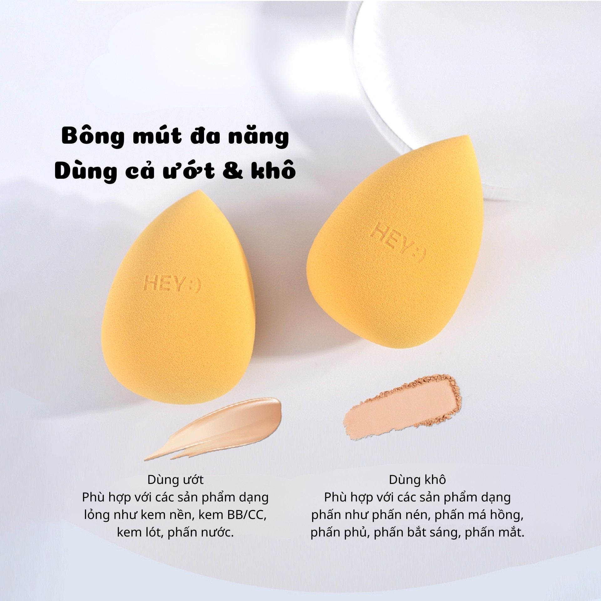 Mút trang điểm hình giọt nước, chất liệu mềm mịn, đàn hồi tốt. Dùng được cả khô và ướt, giúp tán kem nền đều màu, mịn và tự nhiên.