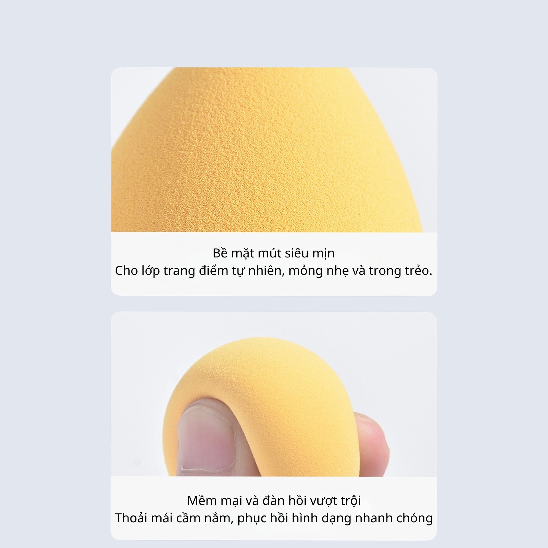 Mút trang điểm hình giọt nước, chất liệu mềm mịn, đàn hồi tốt. Dùng được cả khô và ướt, giúp tán kem nền đều màu, mịn và tự nhiên.