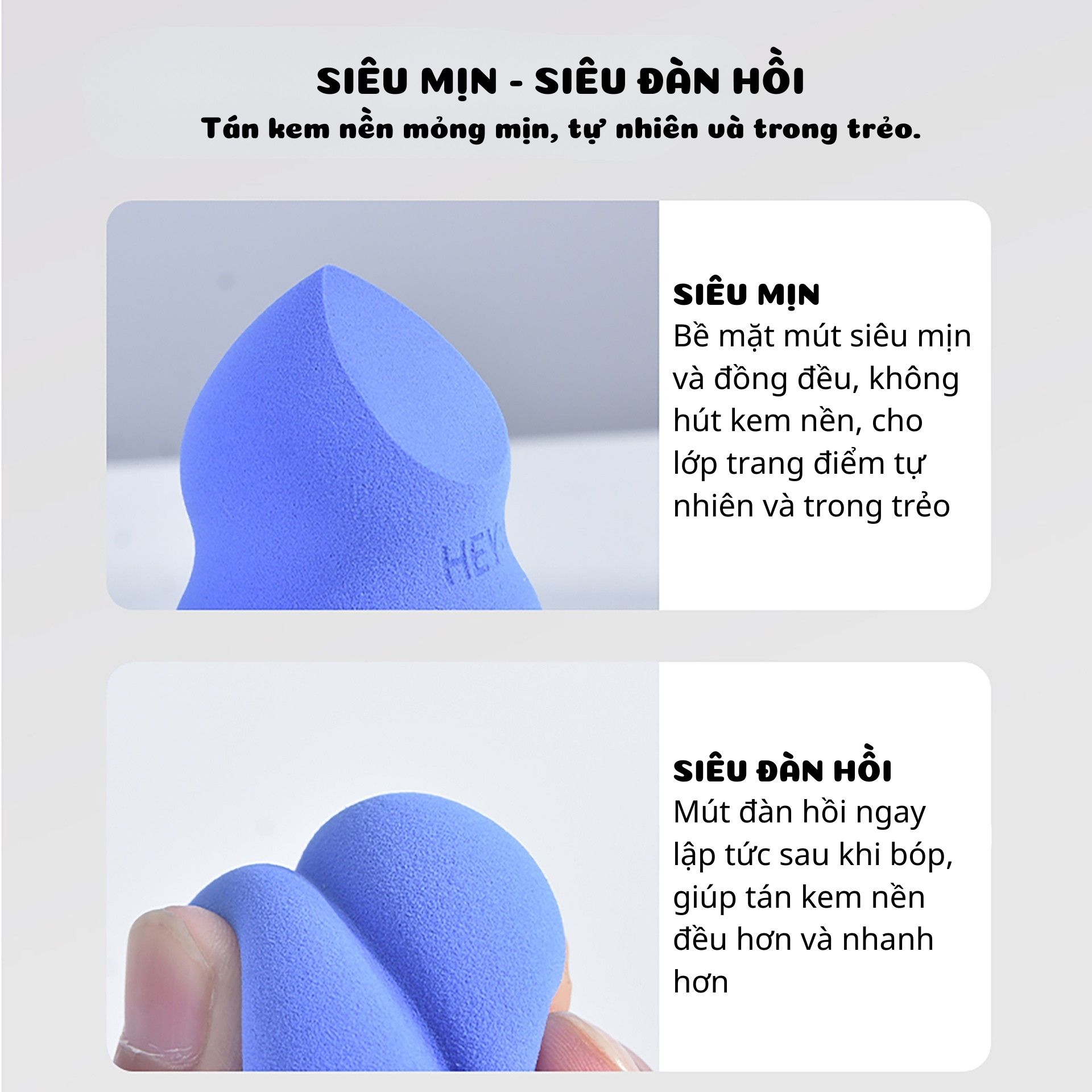 Mút trang điểm hình chuông, chất liệu mềm mịn, đàn hồi tốt. Dùng được cả khô và ướt, giúp tán kem nền đều màu, mịn và tự nhiên.