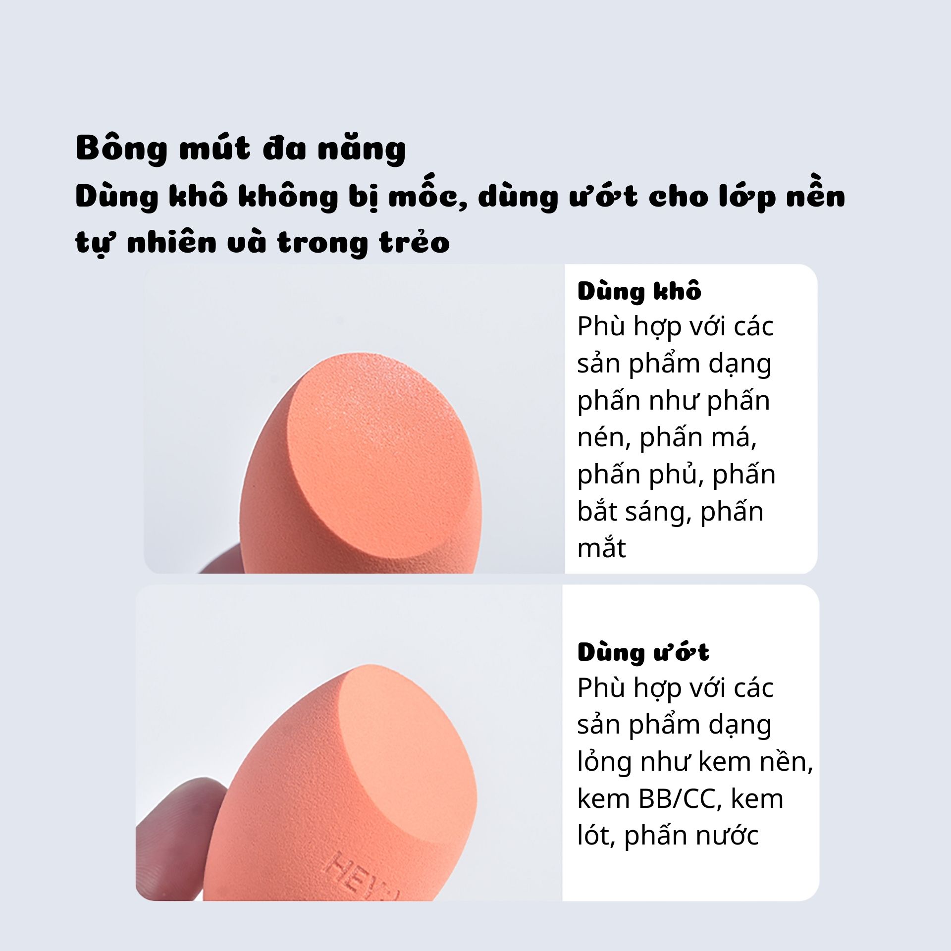 Mút trang điểm vạt xéo, chất liệu mềm mịn, đàn hồi tốt. Dùng được cả khô và ướt, giúp tán kem nền đều màu, mịn và tự nhiên.