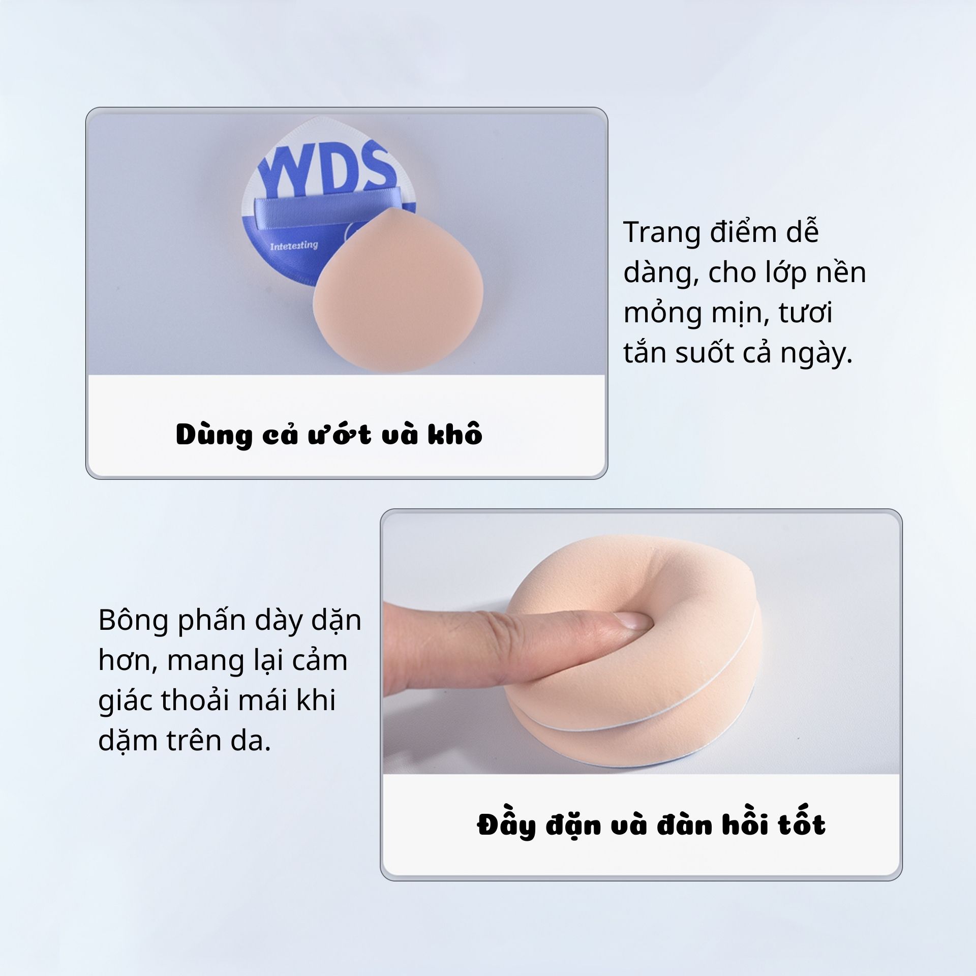 Mút trang điểm hình tam giác, chất liệu mềm mịn, đàn hồi tốt. Kích thước lớn giúp thao tác nhanh chóng, nền đều màu, mịn và tự nhiên. Có hộp đựng tiện lợi, giúp bảo quản mút sạch sẽ và gọn gàng.