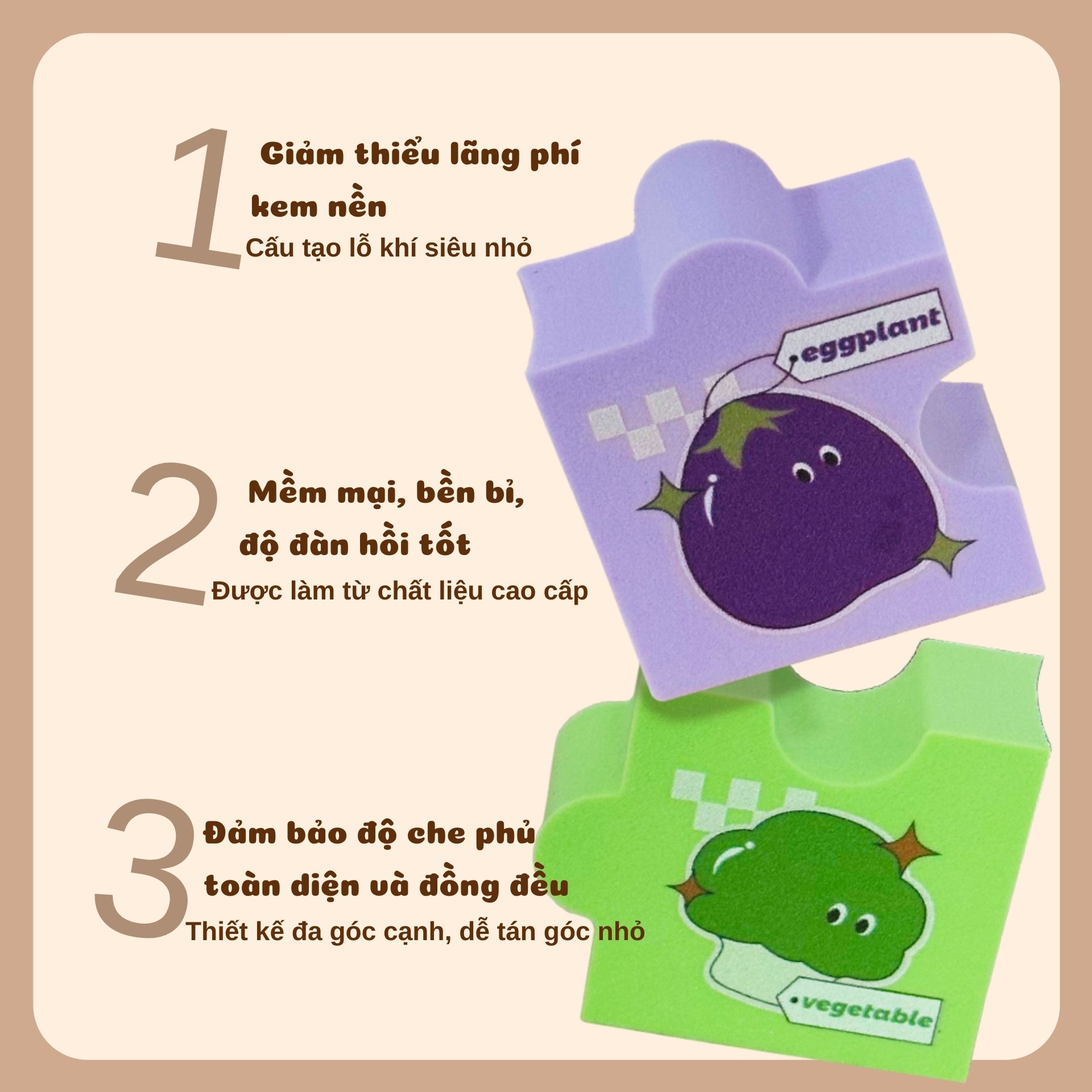 Gói gồm 4 mút tán nền mini với chất liệu mềm mịn cùng thiết kế nhỏ gọn. Dễ thao tác, giúp tán đều lớp nền và che phủ khuyết điểm trên khuôn mặt. Tạo lớp trang điểm mịn màng, tự nhiên.