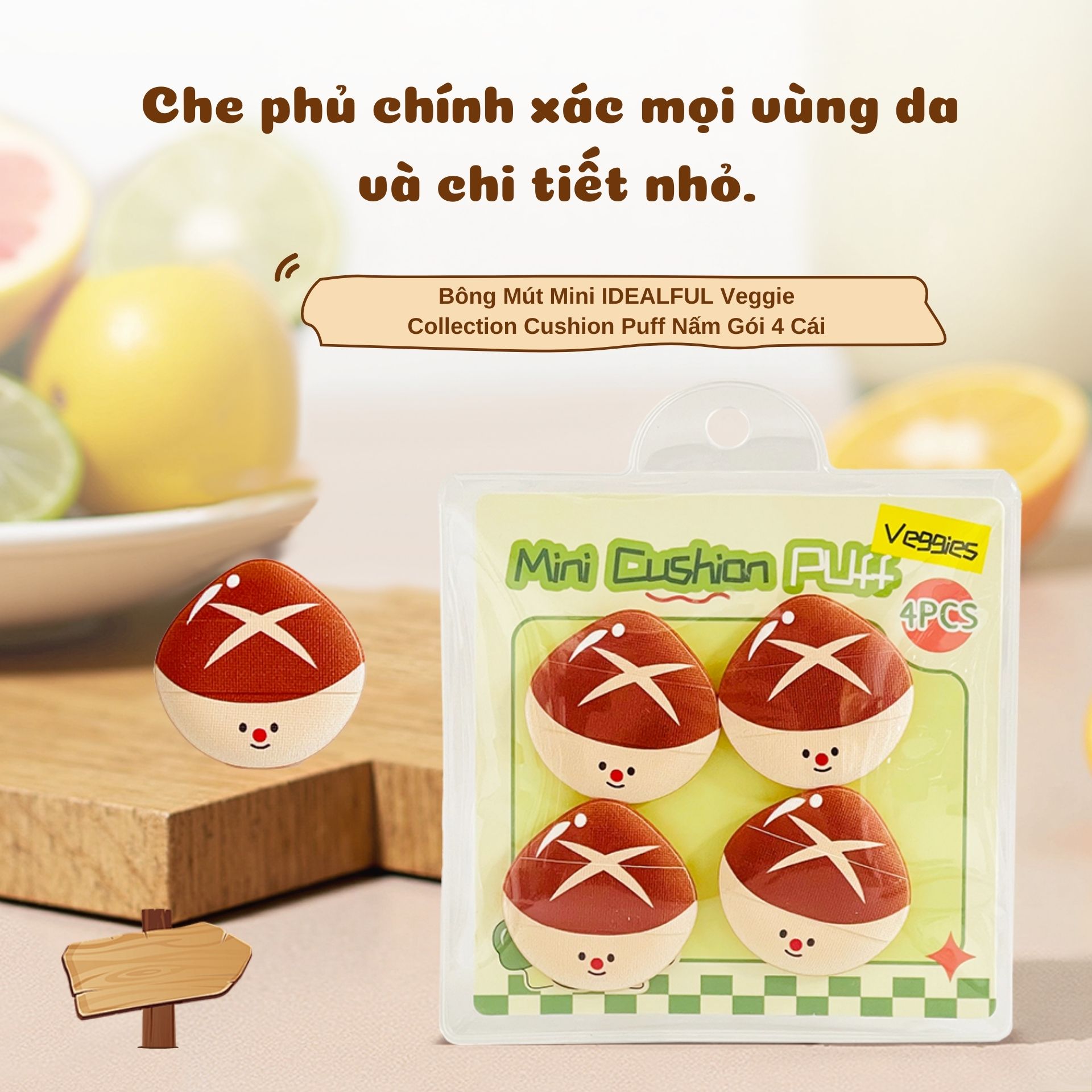 Gói gồm 4 mút tán nền mini hình nấm dễ thương với chất liệu mềm mịn cùng thiết kế nhỏ gọn. Dễ thao tác, giúp tán đều lớp nền và che phủ khuyết điểm trên khuôn mặt. Tạo lớp trang điểm mịn màng, tự nhiên.