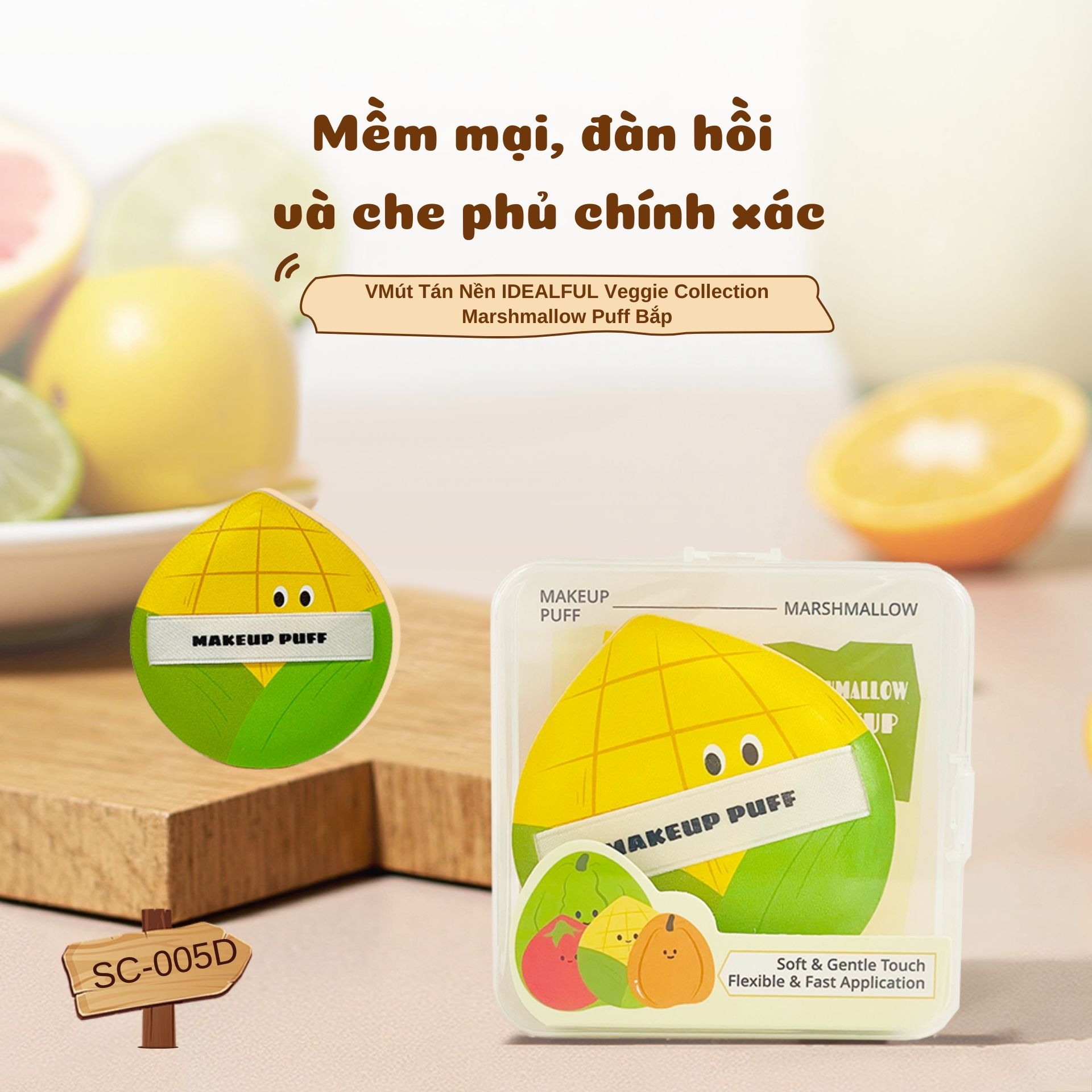 Mút trang điểm hình trái bắp dễ thương, kích thước to, chất liệu mềm mịn, đàn hồi tốt. Dùng được cả khô và ướt, giúp tán kem nền nhanh, đều màu, mịn và tự nhiên.