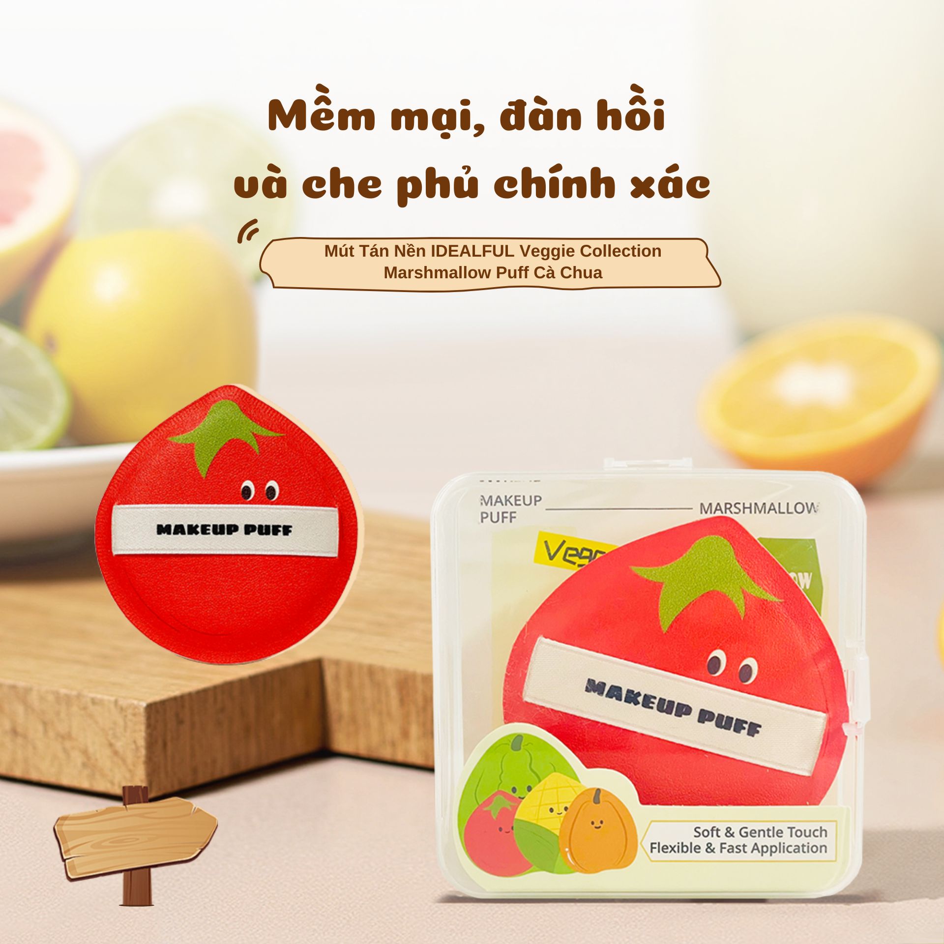 Mút trang điểm hình quả cà chua dễ thương, kích thước to, chất liệu mềm mịn, đàn hồi tốt. Dùng được cả khô và ướt, giúp tán kem nền nhanh, đều màu, mịn và tự nhiên.