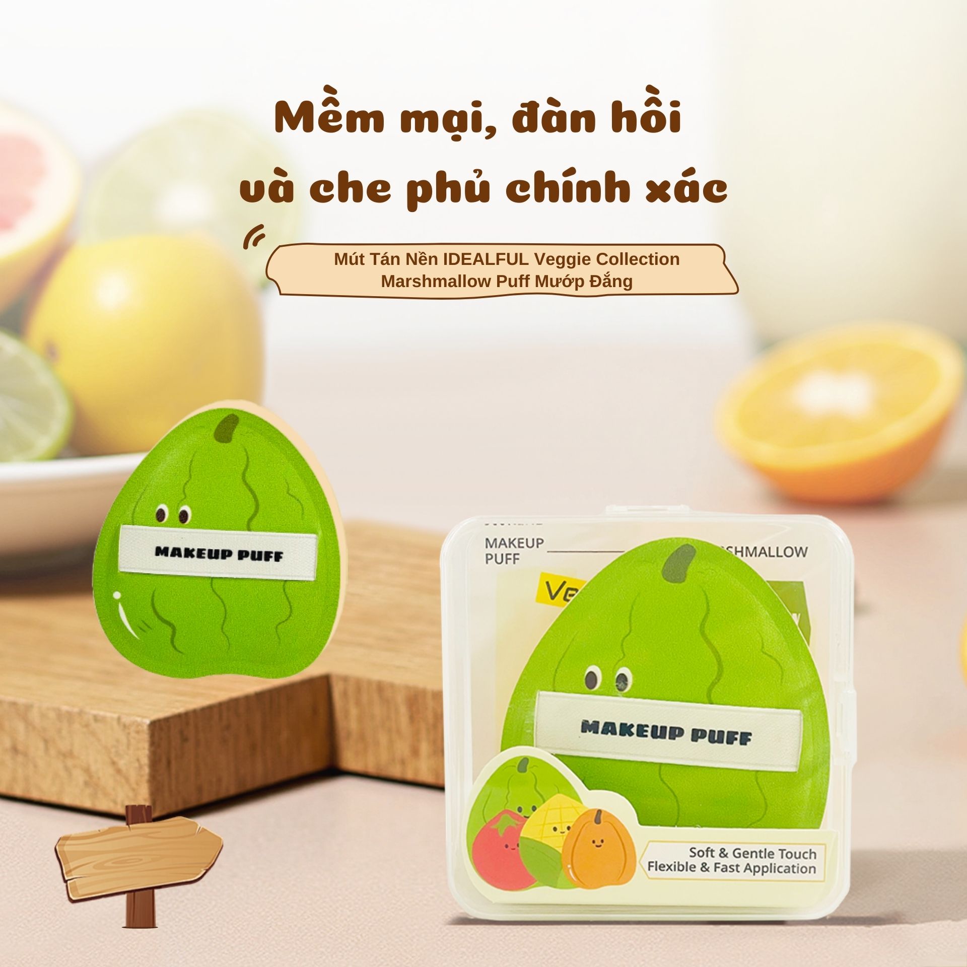 Mút trang điểm hình quả mướp đắng dễ thương, kích thước to, chất liệu mềm mịn, đàn hồi tốt. Dùng được cả khô và ướt, giúp tán kem nền nhanh, đều màu, mịn và tự nhiên.