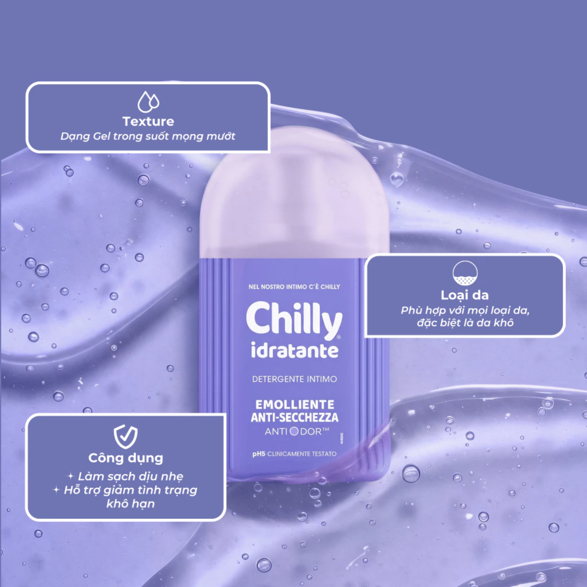 Dung Dịch Vệ Sinh Phụ Nữ CHILLY Idratante giúp làm sạch dịu nhẹ cơ quan sinh dục ngoài, giúp ngăn ngừa và hạn chế mùi hôi khó chịu.